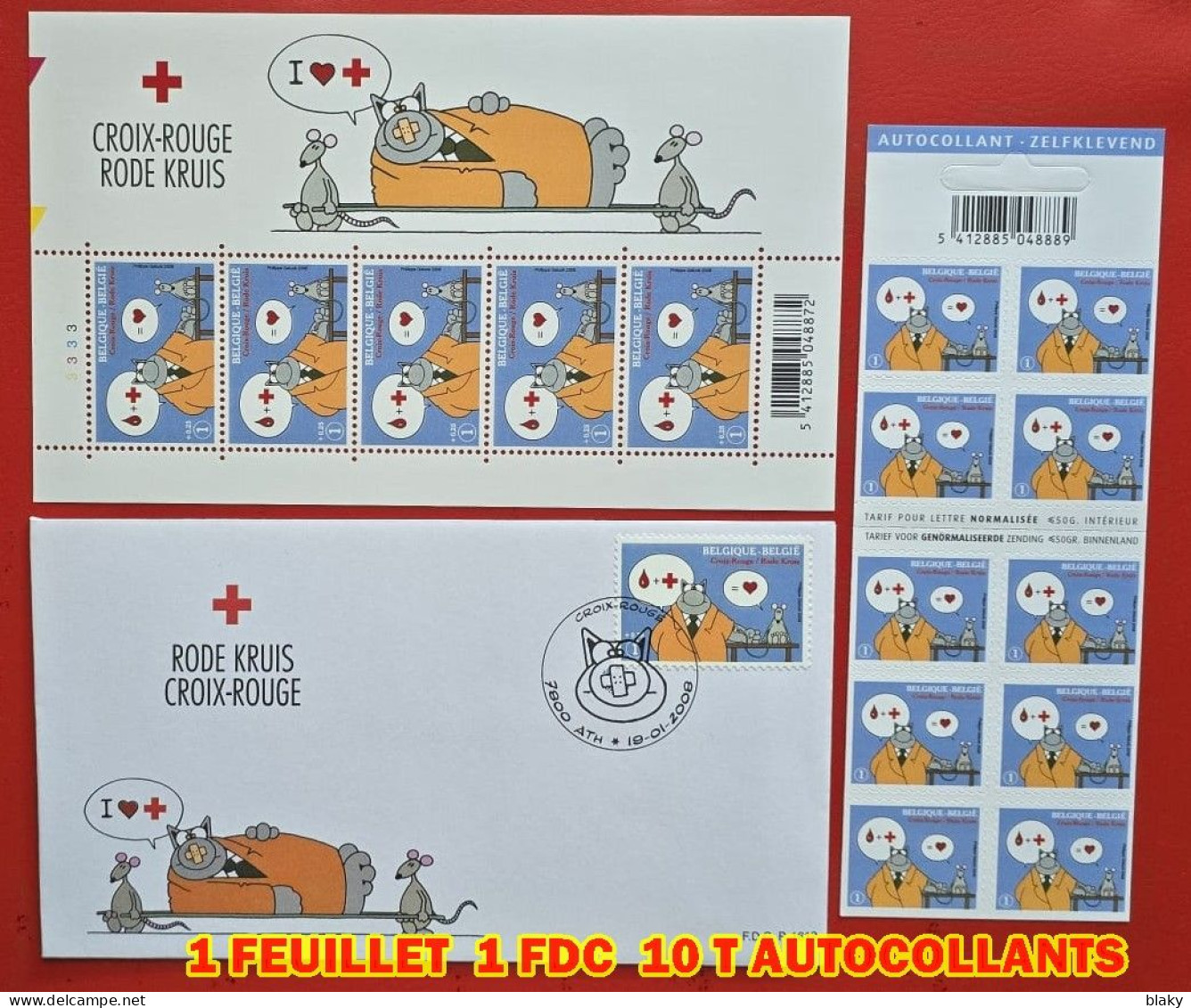 2008 LE CHAT  1 FEUILLET  1 FDC  10 T AUTOCOLLANTS    CROIX ROUGE - 1999-2010