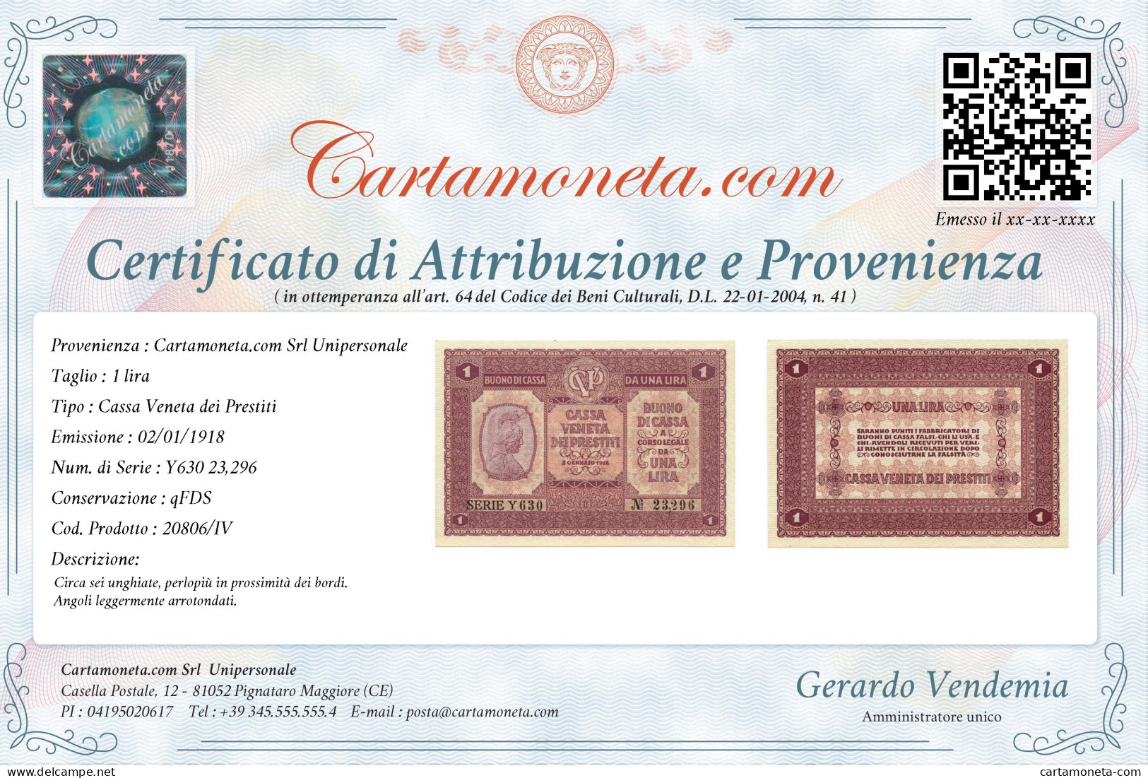 1 LIRA CASSA VENETA DEI PRESTITI OCCUPAZIONE AUSTRIACA 02/01/1918 QFDS - Besetzung Venezia