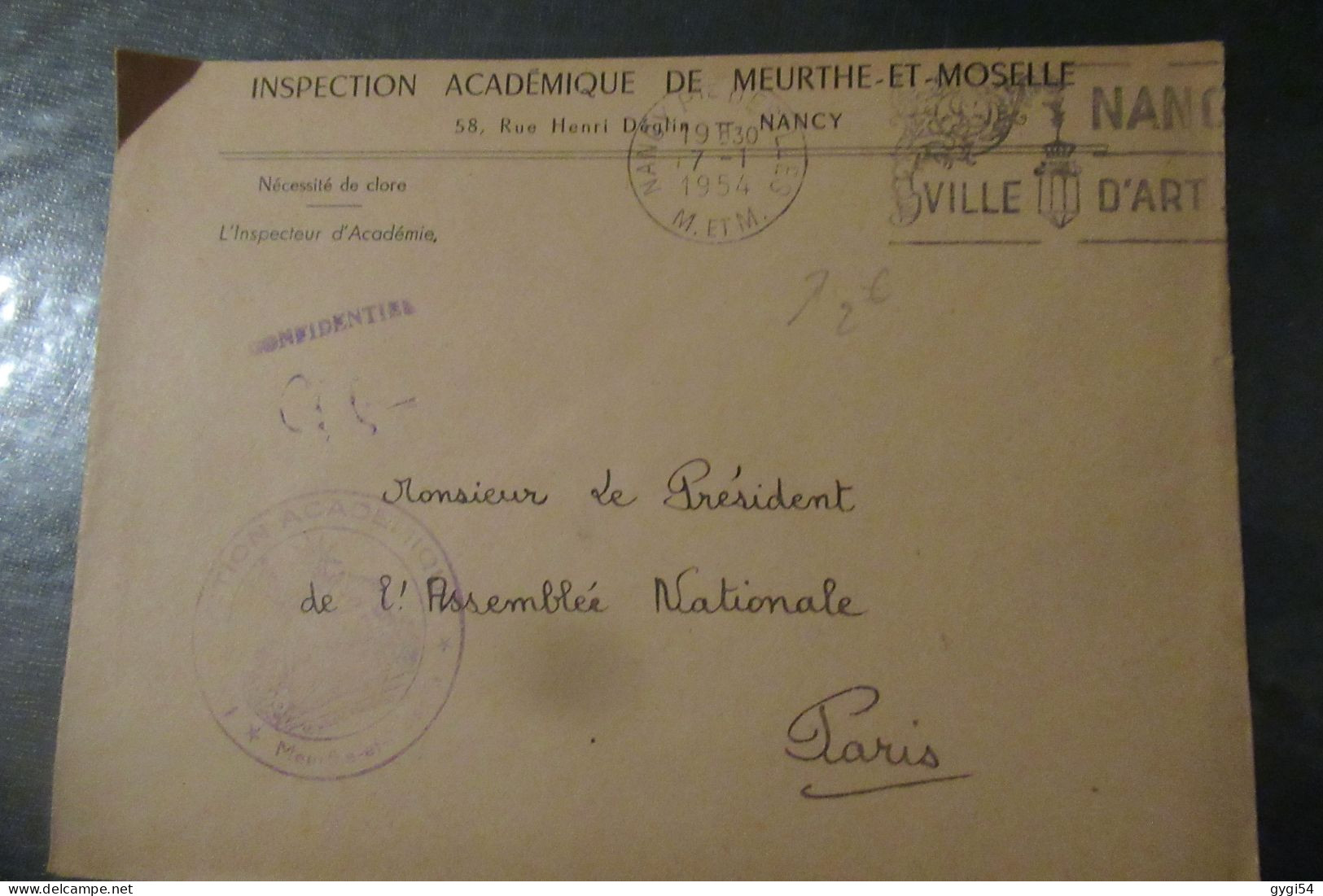 FRANCE Lettre  Du  17 01 1954 De NANCY  POUR LE PRESIDENT DE L' Assemblée Nationale - Briefe U. Dokumente