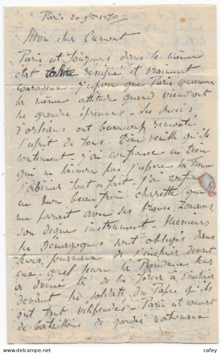 Guerre 1870 SIEGE DE PARIS Lettre GAZETTE DES ABSENTS Par BALLON MONTE Timbre N° 37 Càd Rouge PARIS SC 20/11 P/ ANGERS - Guerre De 1870