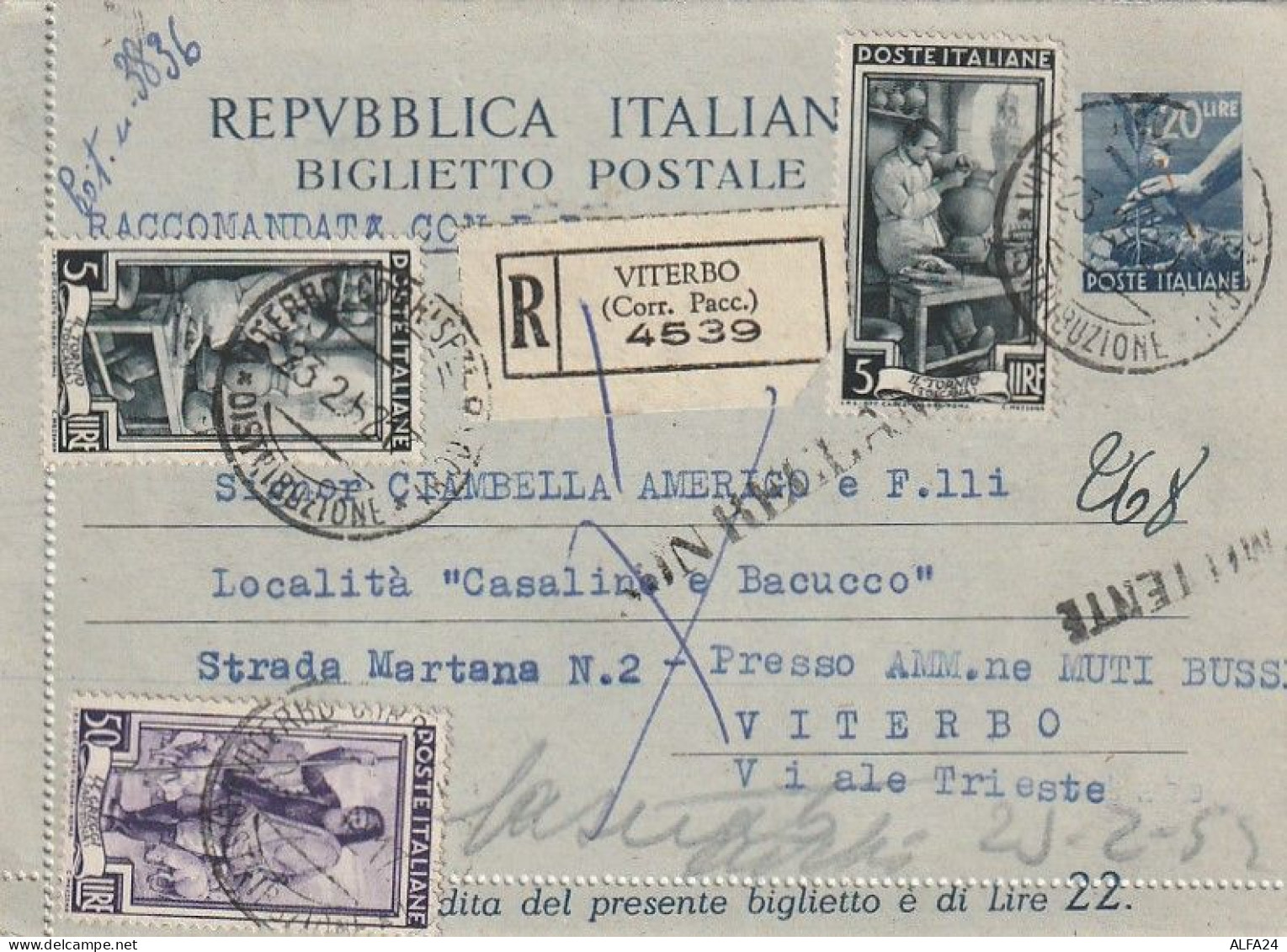 FRONTESPIZIO BIGLIETTO POSTALE L.20+50+2X5 TIMBRO VITERBO (XT3534 - Stamped Stationery