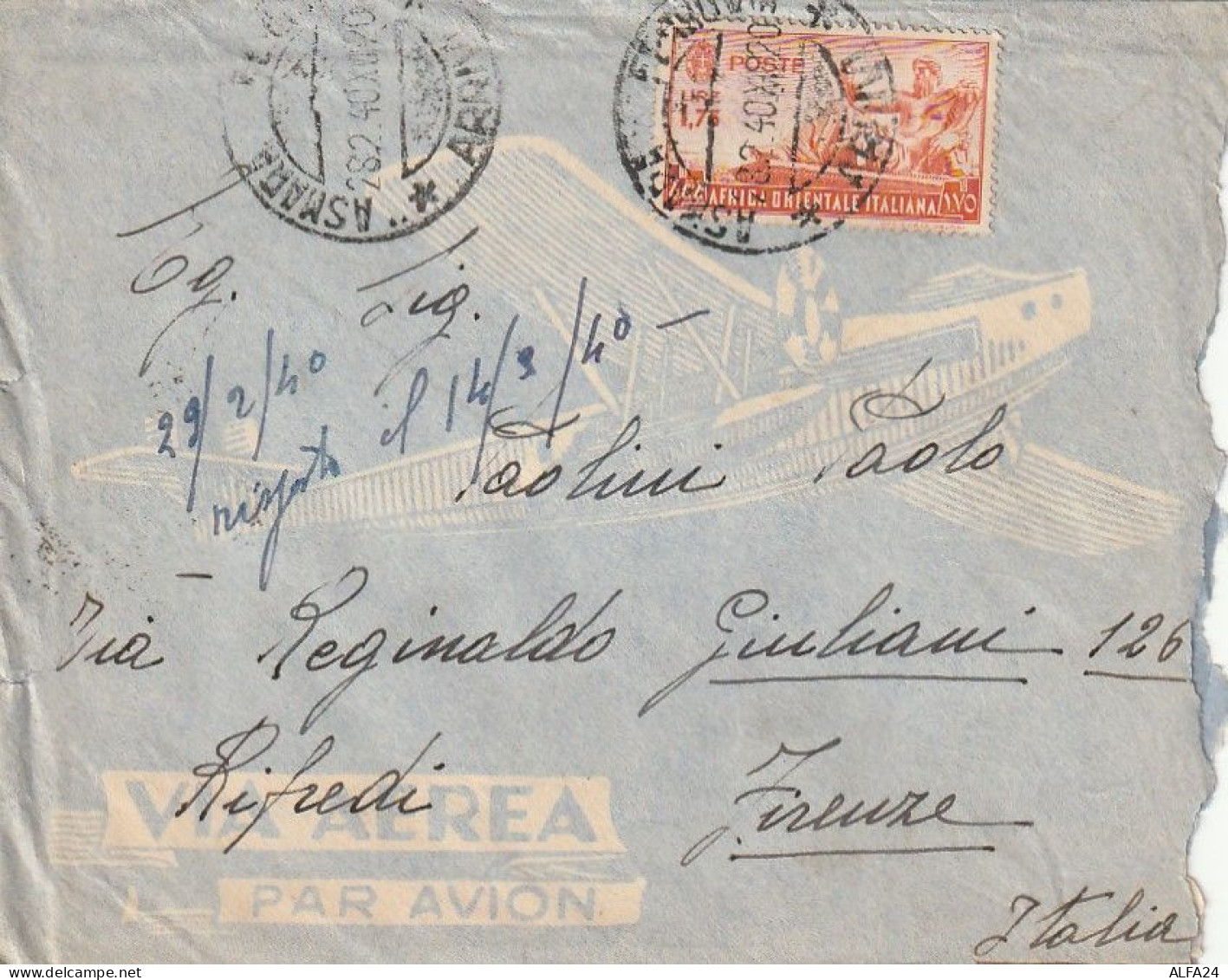 LETTERA 1940 L.1,75 AFRICA ORIENTALE ITALIANA TIMBRO ASMARA Con Contenuto (XT3324 - Africa Orientale Italiana