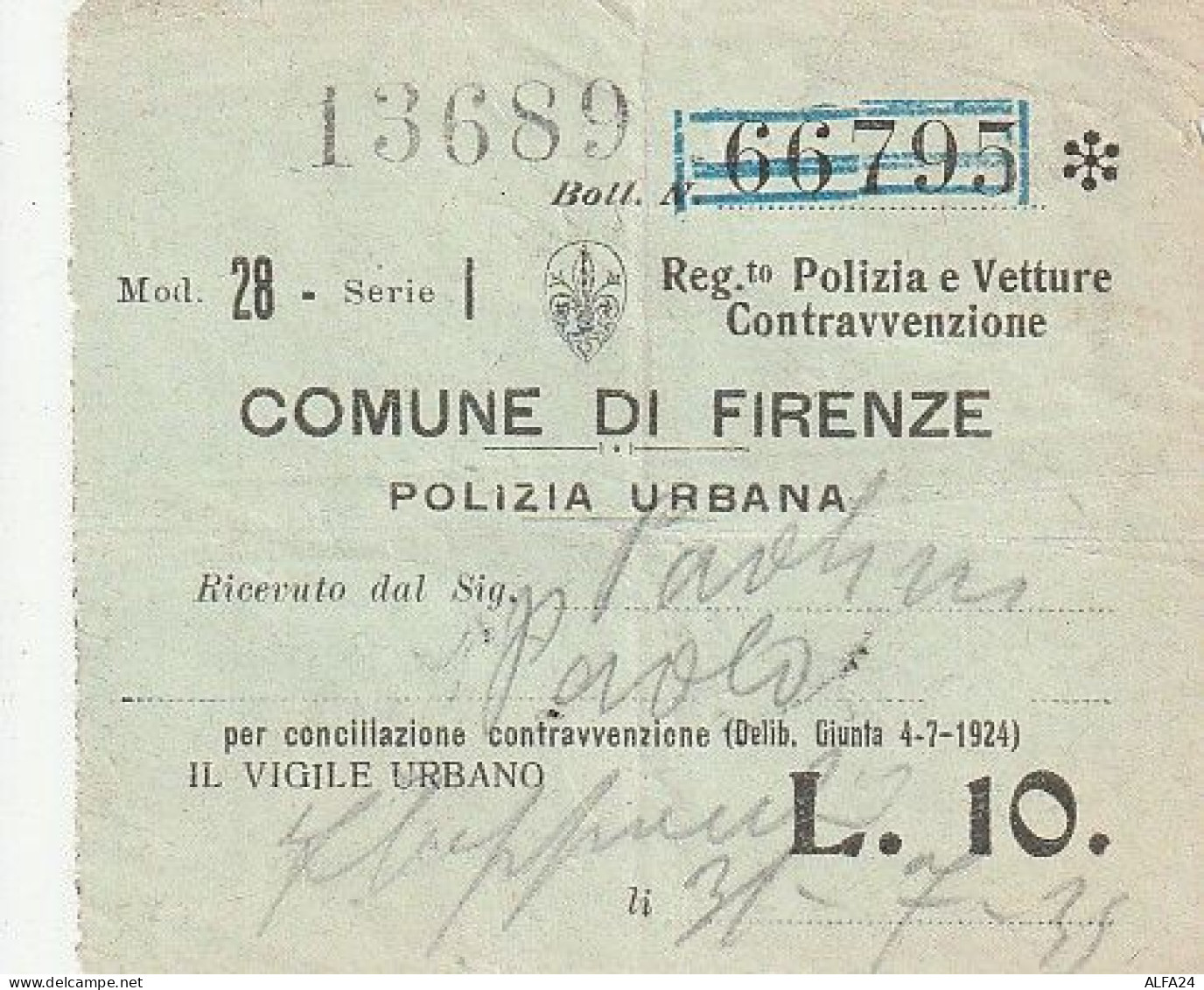 RICEVUTA CONTRAVVENZIONE COMUNE FIRENZE 1925 (XT3769 - Italien