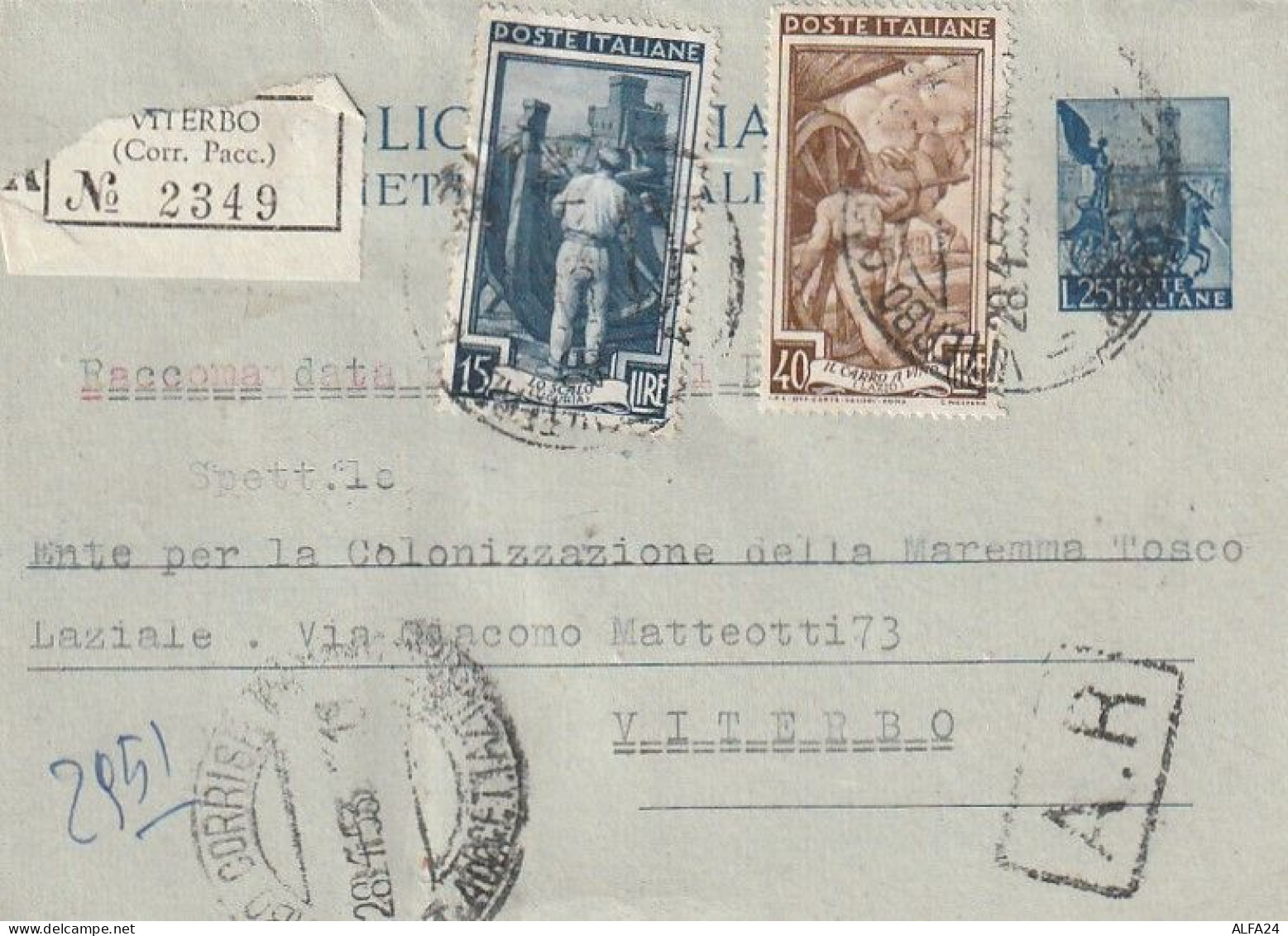 INTERO BIGLIETTO POSTALE 1953 L.25+40+15 RACCOMANDATO TIMBRO VITERBO (XT3736 - Ganzsachen