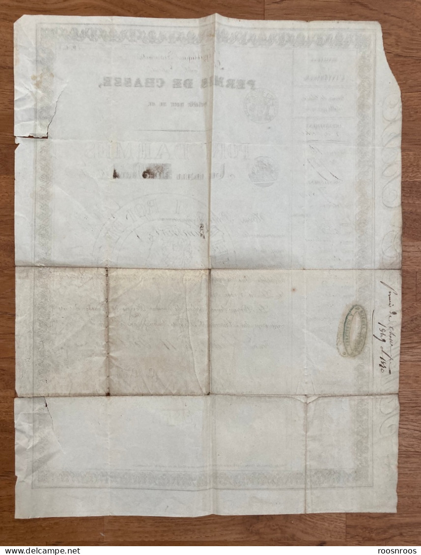 PERMIS DE CHASSE 1849 - 2EME REPUBLIQUE - SUR PAPIER TIMBRE PERIODE MONARCHIQUE AVEC RECTIFICATION - Covers & Documents