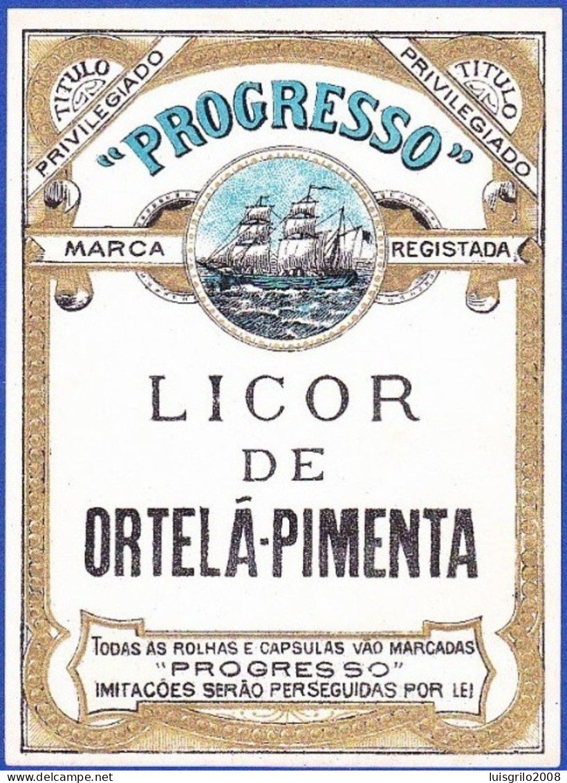 Old Liquor Label, Portugal - Licor De Ortelã-Pimenta. PROGRESSO - Alcoholen & Sterke Drank