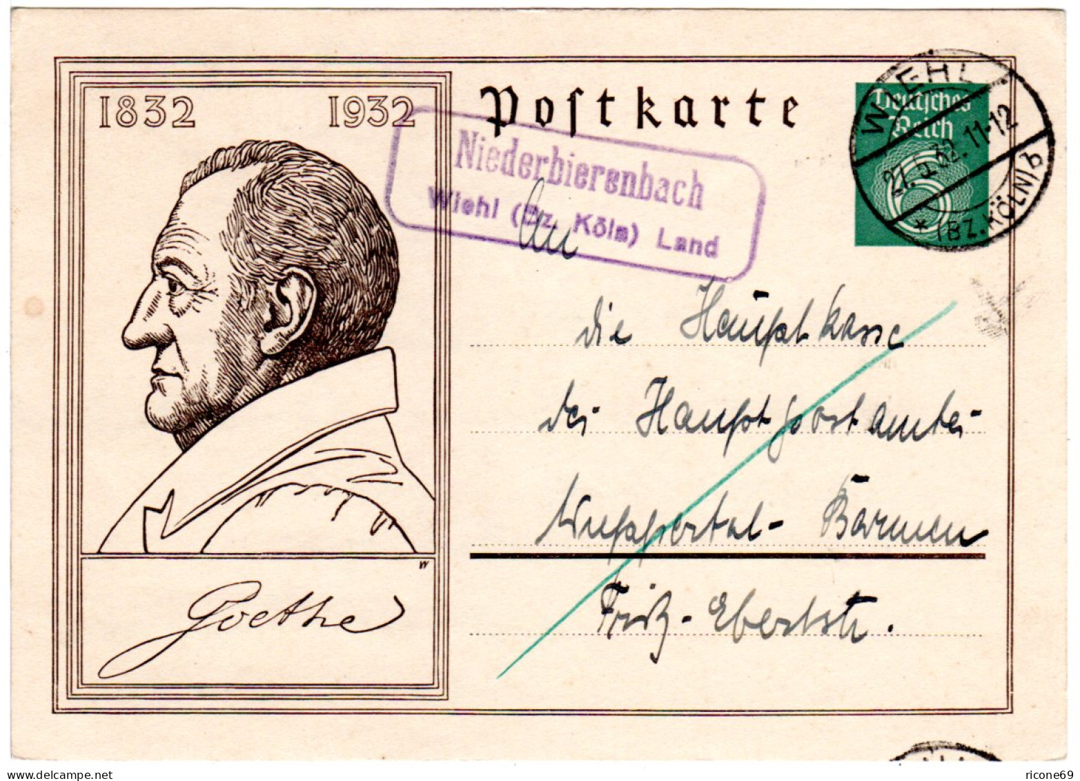 DR 1932, Landpoststpl. NIEDERBIERENBACH Wiehl (Bz. Köln) Land Auf 6 Pf Ganzsache - Storia Postale