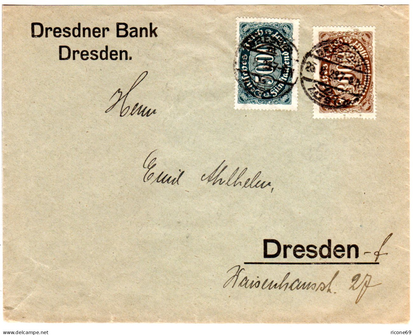 DR 1923, 3000+5000 Mk. M. Firmenlochung Dr.B. Auf Orts-Brief V. Dresden - Lettres & Documents
