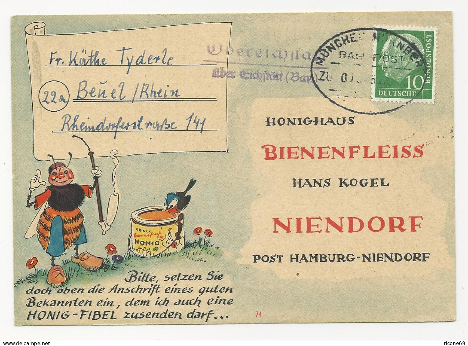 BRD 1958, Landpost Stpl. Obereichstätt über Eichstätt Auf Karte M. 10 Pf. - Lettres & Documents