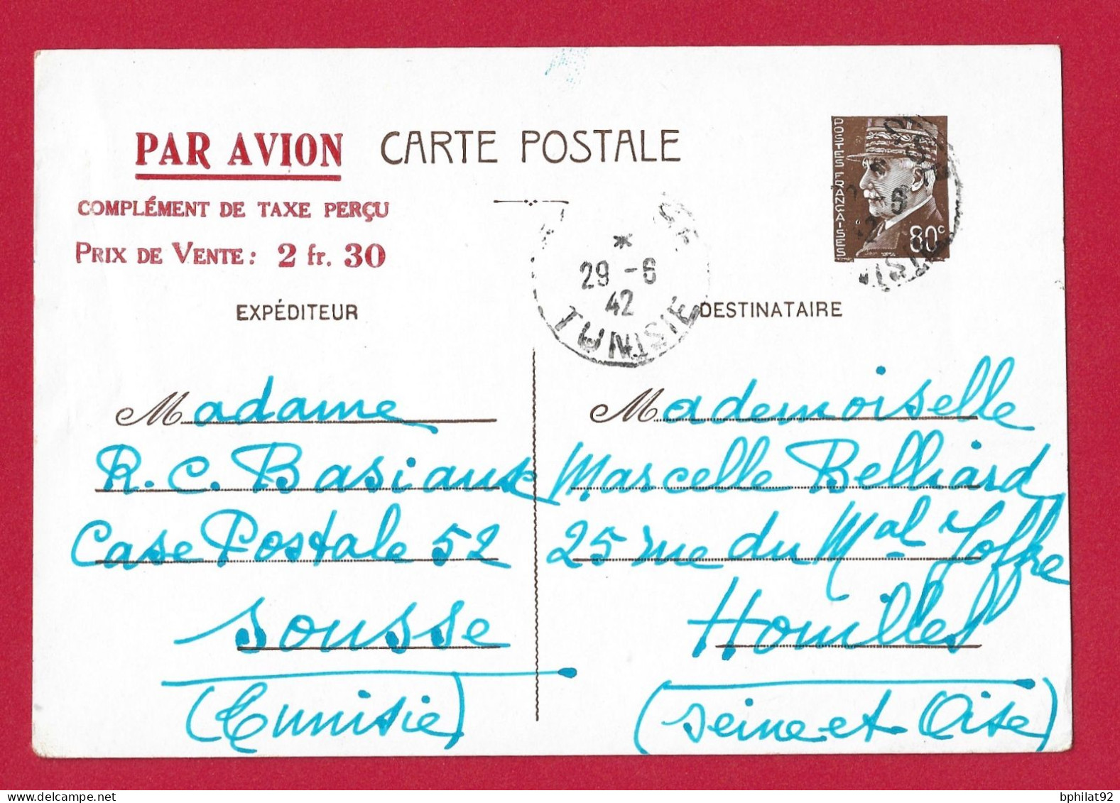 !!! TUNISIE, ENTIER POSTAL PAR AVION DE SOUSSE POUR LA FRANCE DE JUIN 1942 - Luchtpost