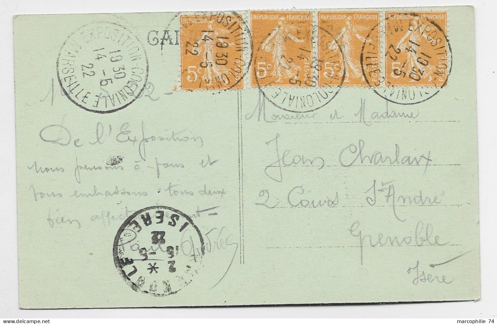 SEMEUSE 5C JAUNEX4 TIMBRE  DATE EXPO COLONIALE MARSEILLE 14.5.1922 SUR  CARTE CONCORDANTE GRAND PALAIS INDOCHINE - 1921-1960: Moderne