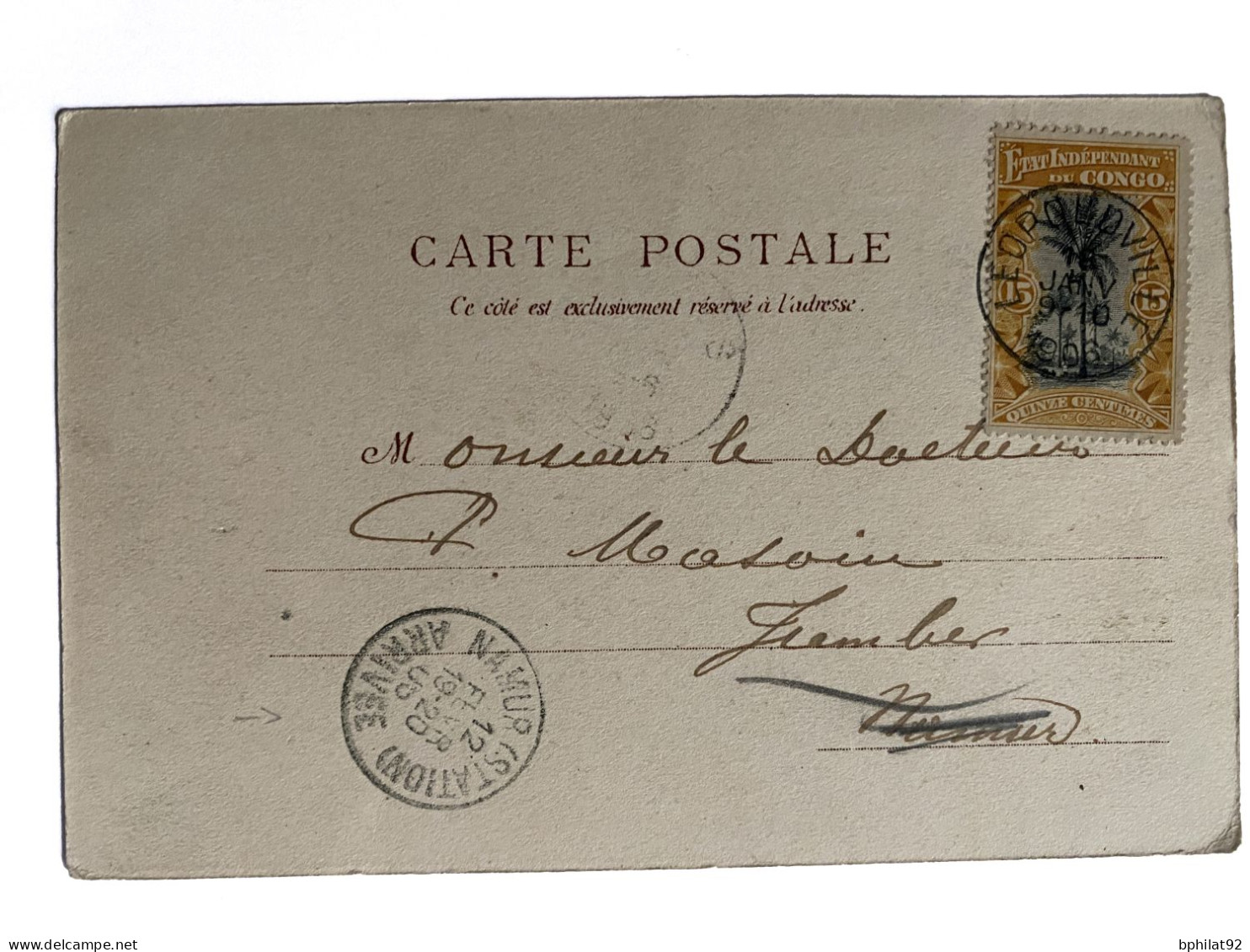 !!! CONGO, CPA DE 1906, DÉPART DE LÉOPOLDVILLE POUR NAMUR (BELGIQUE), CACHET DE DÉPART ET D'ARRIVÉE TB. - Brieven En Documenten