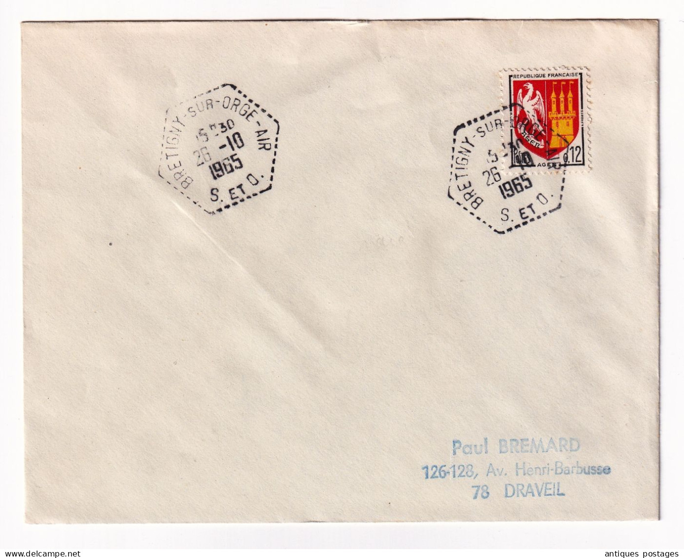 Lettre Bretigny Sur Orge 1965 Seine Et Oise Timbre à Date De La Poste Rurale Automobile Timbre Blason Agen - Briefe U. Dokumente