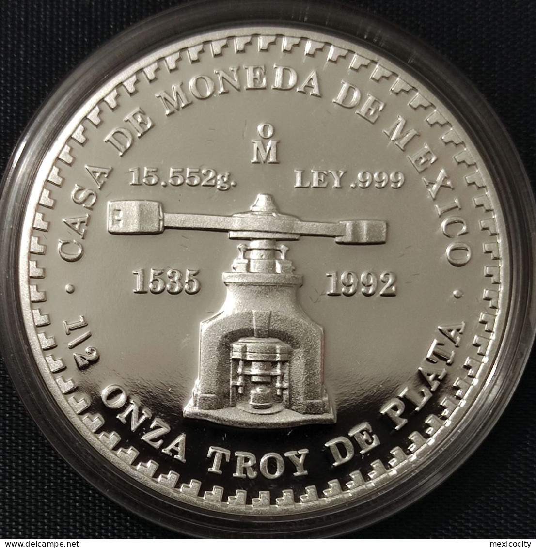 MEXICO Mint AZEC CALENDAR & Old Coin Press .999 Silver 1/2 Oz. HALF Ounce PROOF Cond. Unc., In Capsule - Mexique