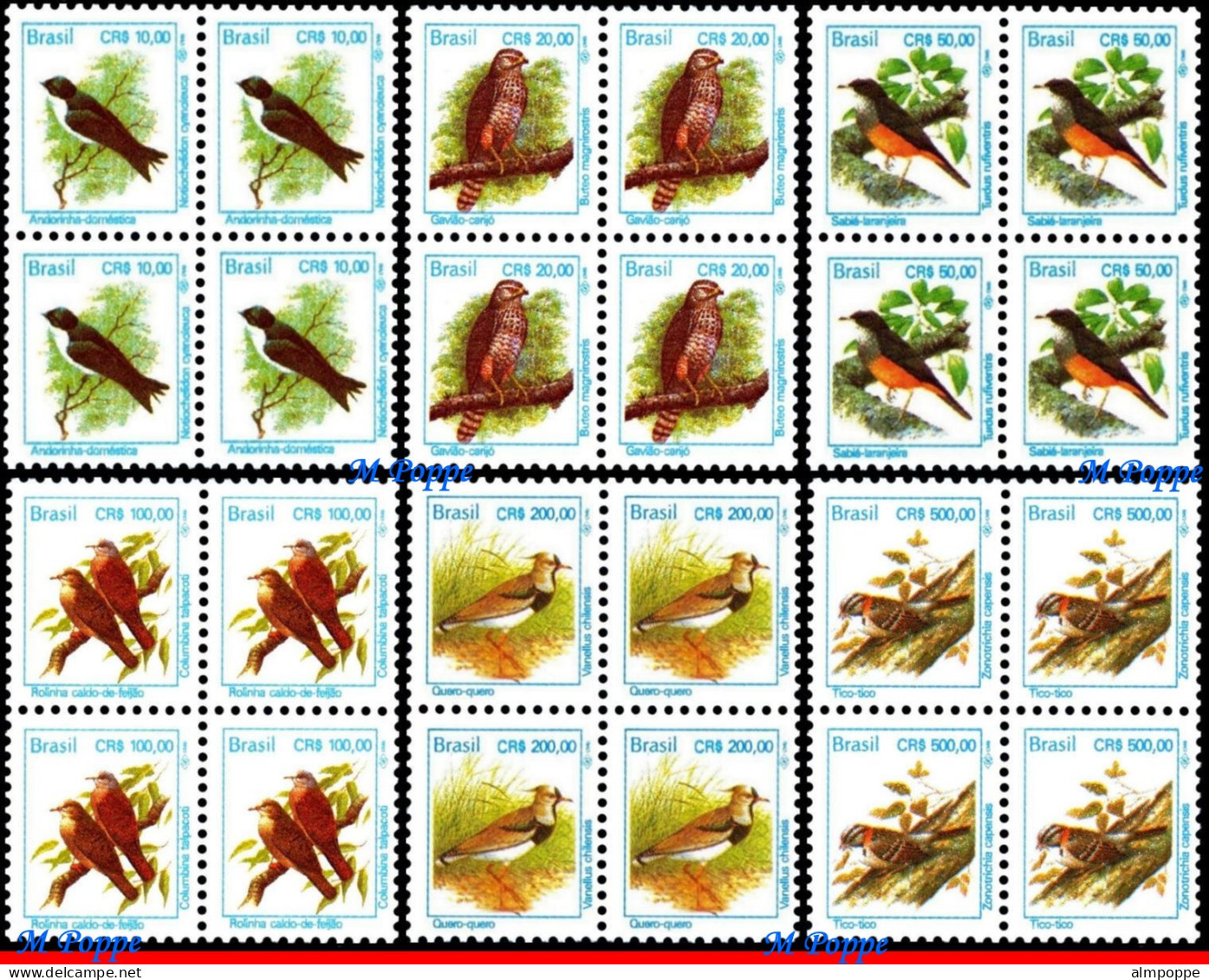 Ref. BR-2443-48-Q BRAZIL 1994 - ANIMALS & FAUNA, CR$,MI# 2569-2583, BLOCKS MNH, BIRDS 24V Sc# 2443-2448 - Blocs-feuillets