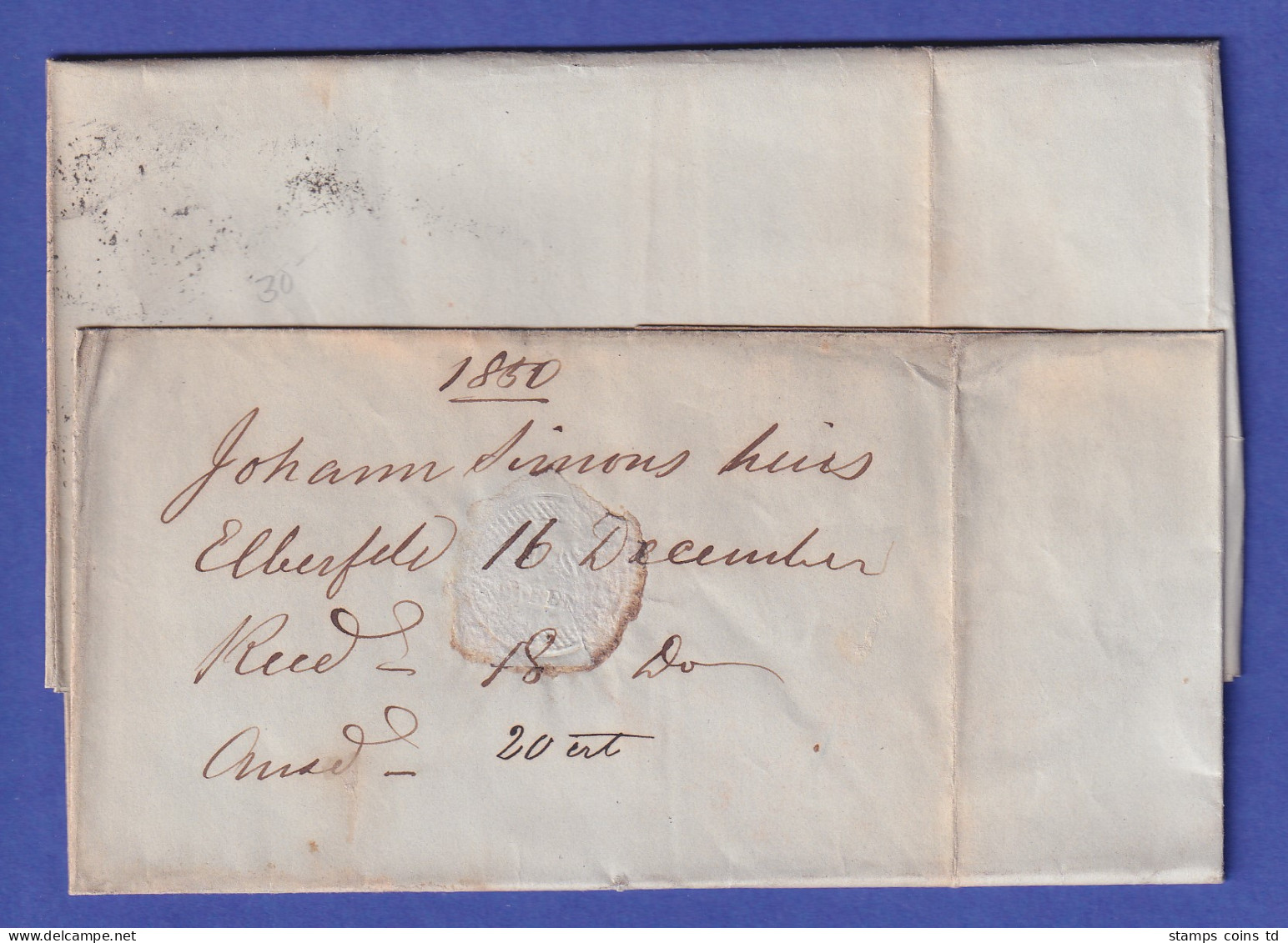 Preußen Brief Mit Kasten-O ELBERFELD Nach London 1850 - Autres & Non Classés