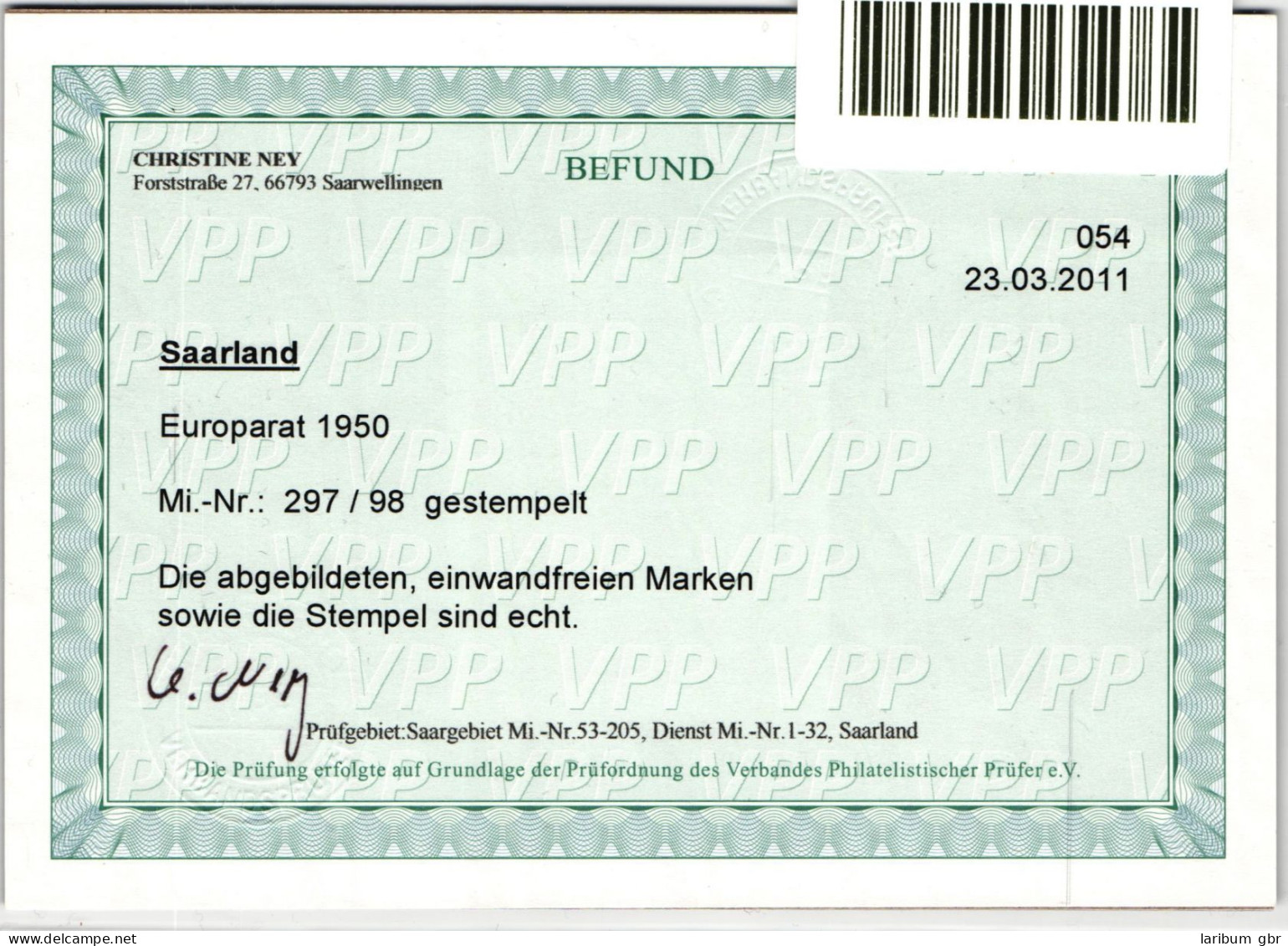 Saarland 297-298 Gestempelt Befund Ney VP #NG583 - Other & Unclassified