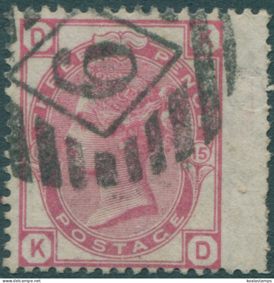 Great Britain 1874 SG144 3d Pale Rose QV DKKD Plate 15 Wing Margin FU - Otros & Sin Clasificación