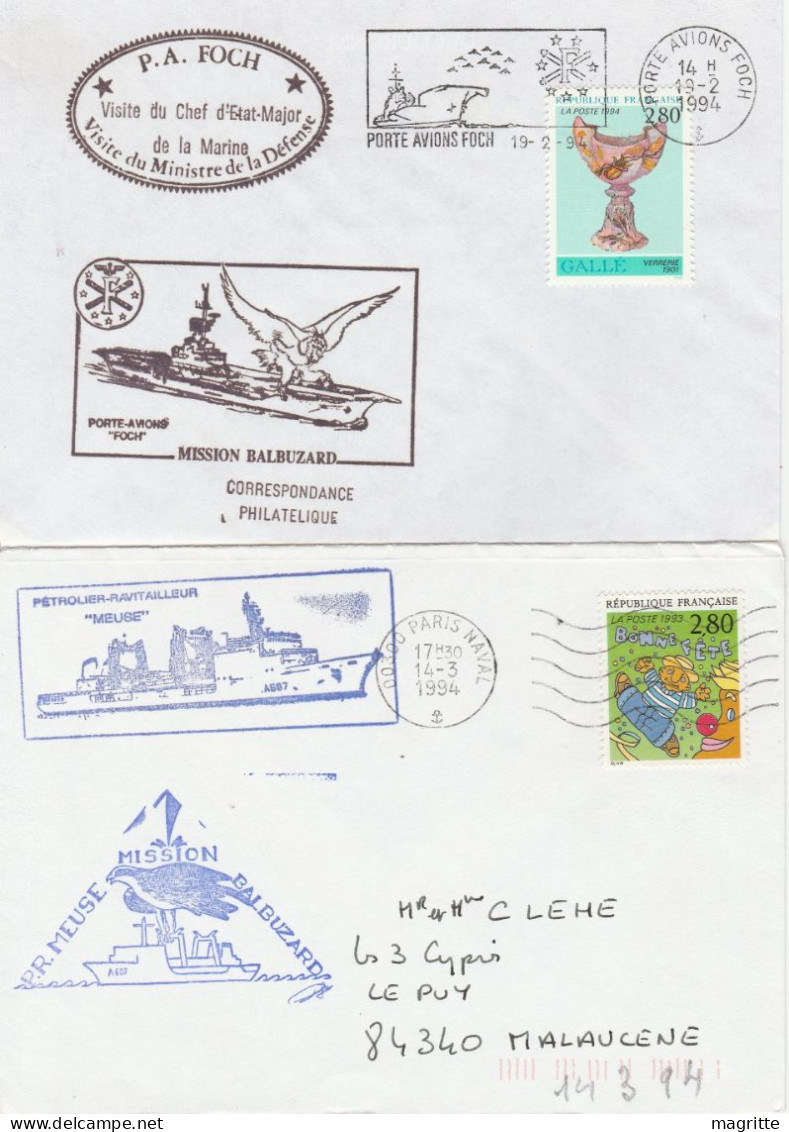 France 6 Enveloppes 1994 Mission Balbuzard Porte Avions Clemenceau Foch Pétrolier Ravitailleur Meuse Frégate Jean Bart - Seepost