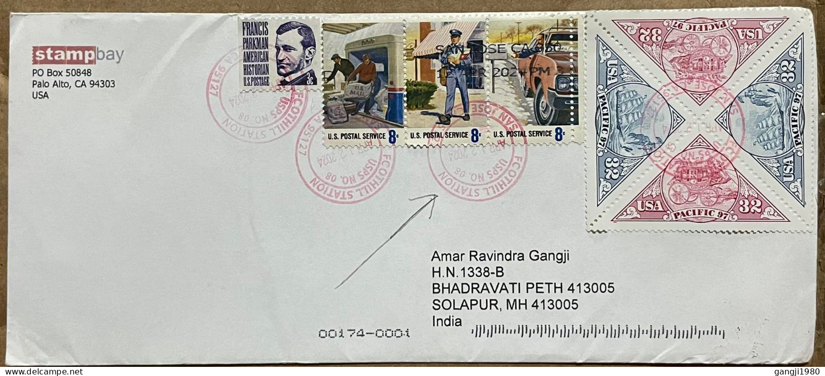 USA TO INDIA COVER USED 2024, ADVERTISING STAMP BAY, POSTMAN, PACIFIC 97 TANGLE STAMP, 8 STAMP, FOOTHILL STATION CITY CA - Covers & Documents
