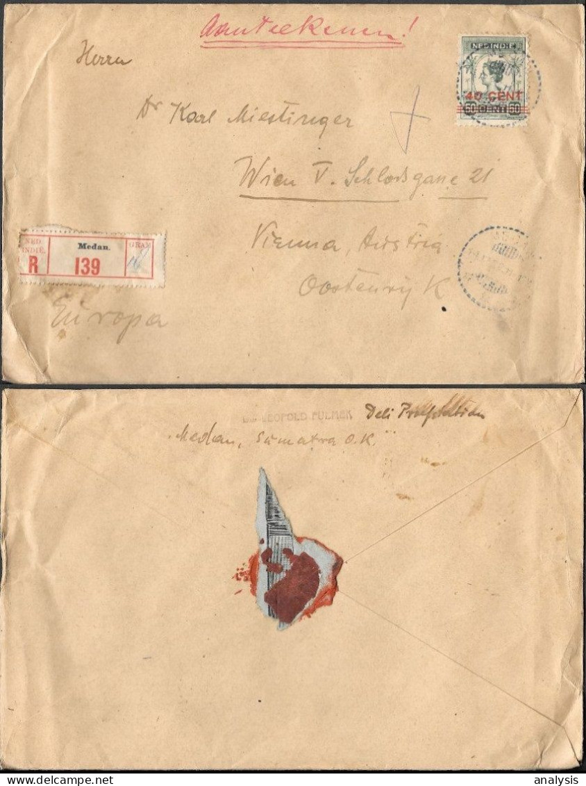 Netherlands Indies Medan Registered Cover To Austria 1928. 40c Ovpr. Indonesia - Netherlands Indies