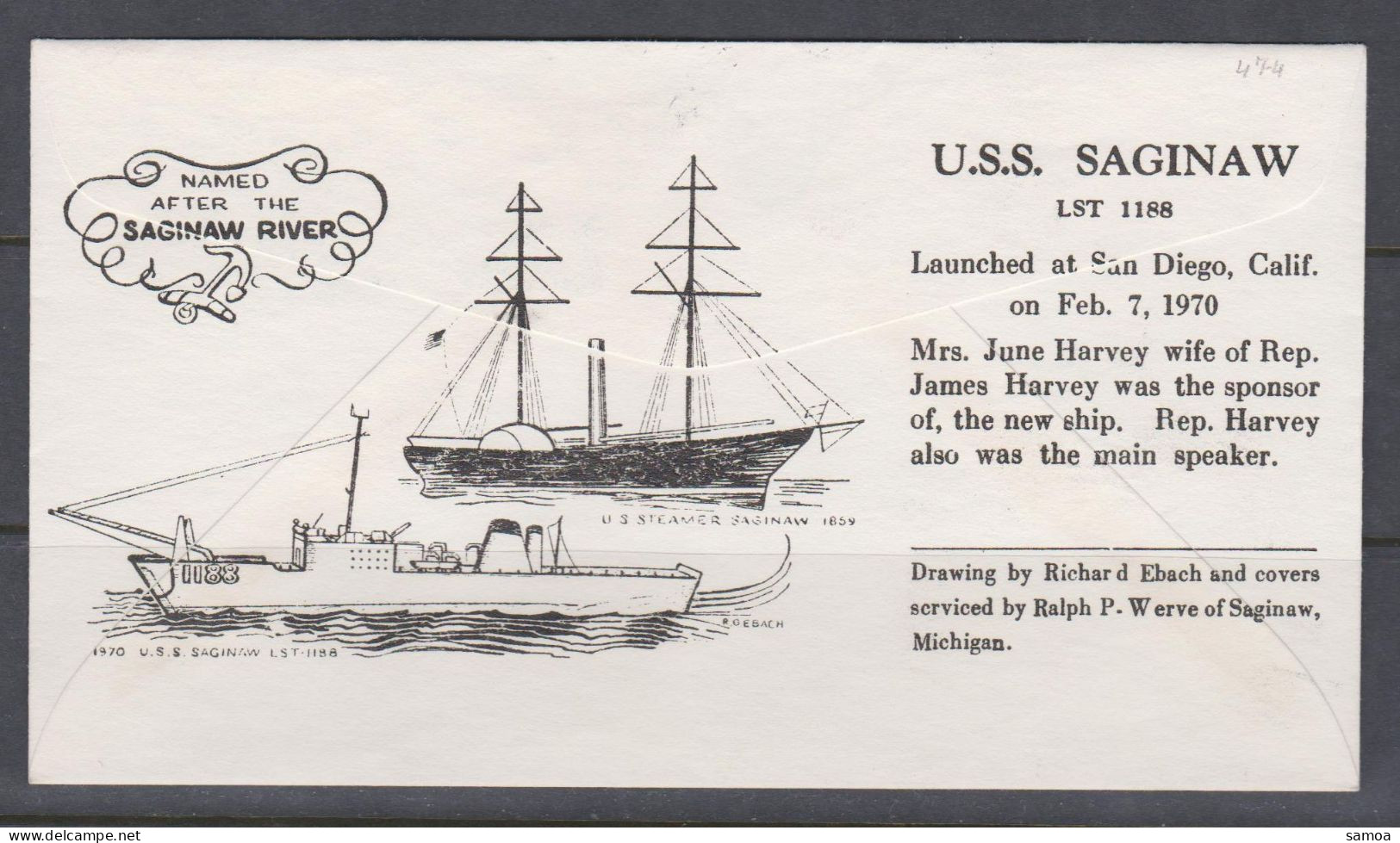 États-Unis Lettre 1970 Lancement Du Bateau USS Saginaw 596 Paire Circulation Sur Les Grands Lacs  - Lettres & Documents