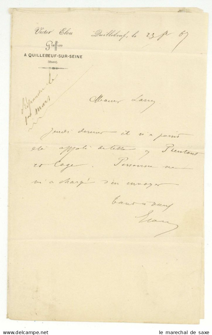 Serquigny à Rouen 1867 Sur Lettre De Quillebeuf à Routot - 1863-1870 Napoleon III With Laurels