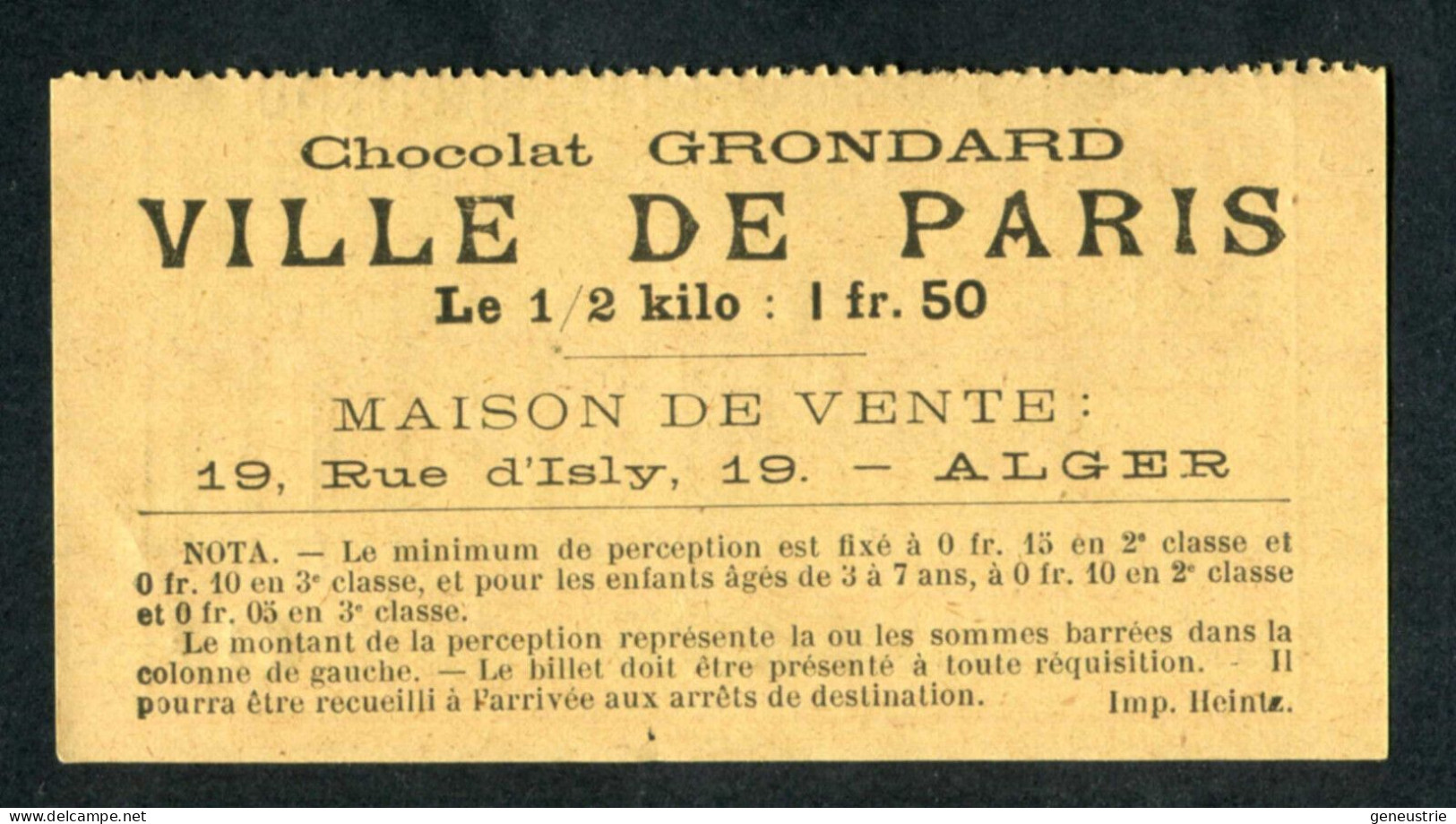 Ticket Tramway Alger Vers 1900 "Chemin De Fer Sur Route D'Algerie" Billet Chemin De Fer - Pub Chocolat Grondard - Mundo