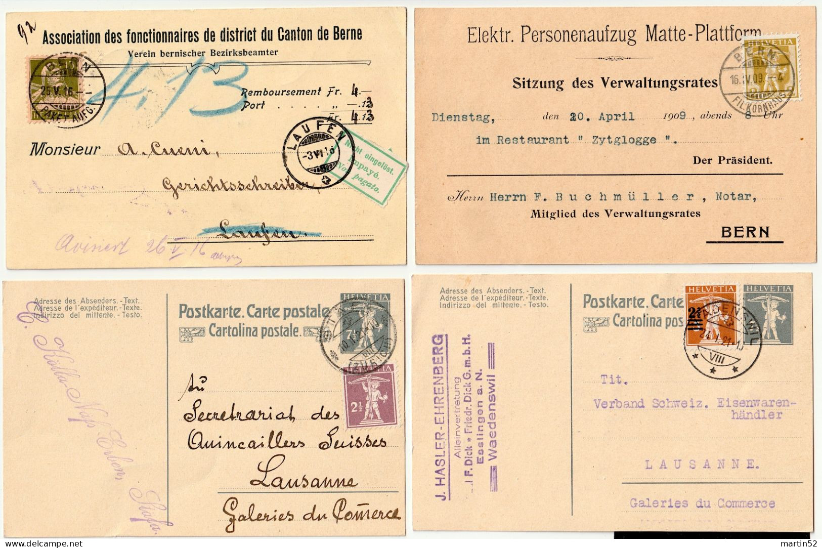 Schweiz Suisse 1909/1921: Postkarte Carte Postale & UPU - 4 Karten Mit ⊙ Jeu De 4 Entiers ⊙ / Set Of 4 Cards Used - Covers & Documents