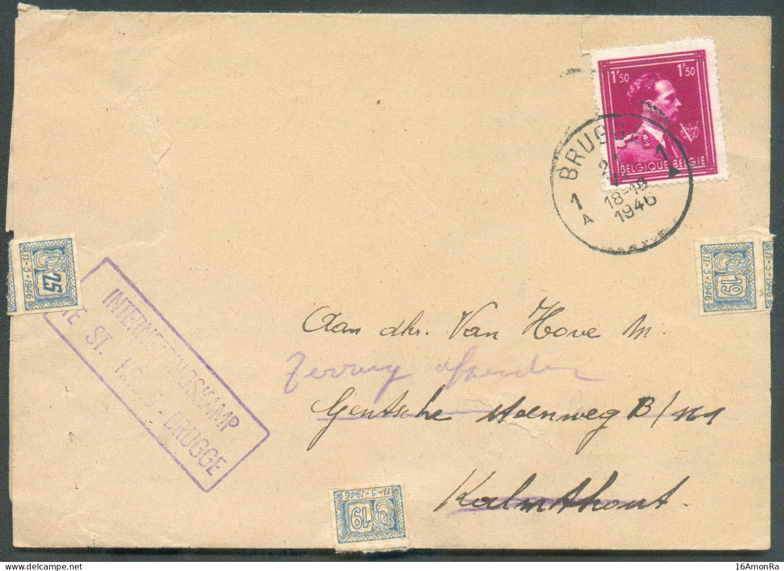 INTERNEERINGSKAMP  TE ST.KRUIS - BRUGGE 1Fr50 LEOPOLD III V Obl. Sc BRUGGE 1 Sur Lettre Du 21-V-1946 Vers Kalmthout (b - Covers & Documents