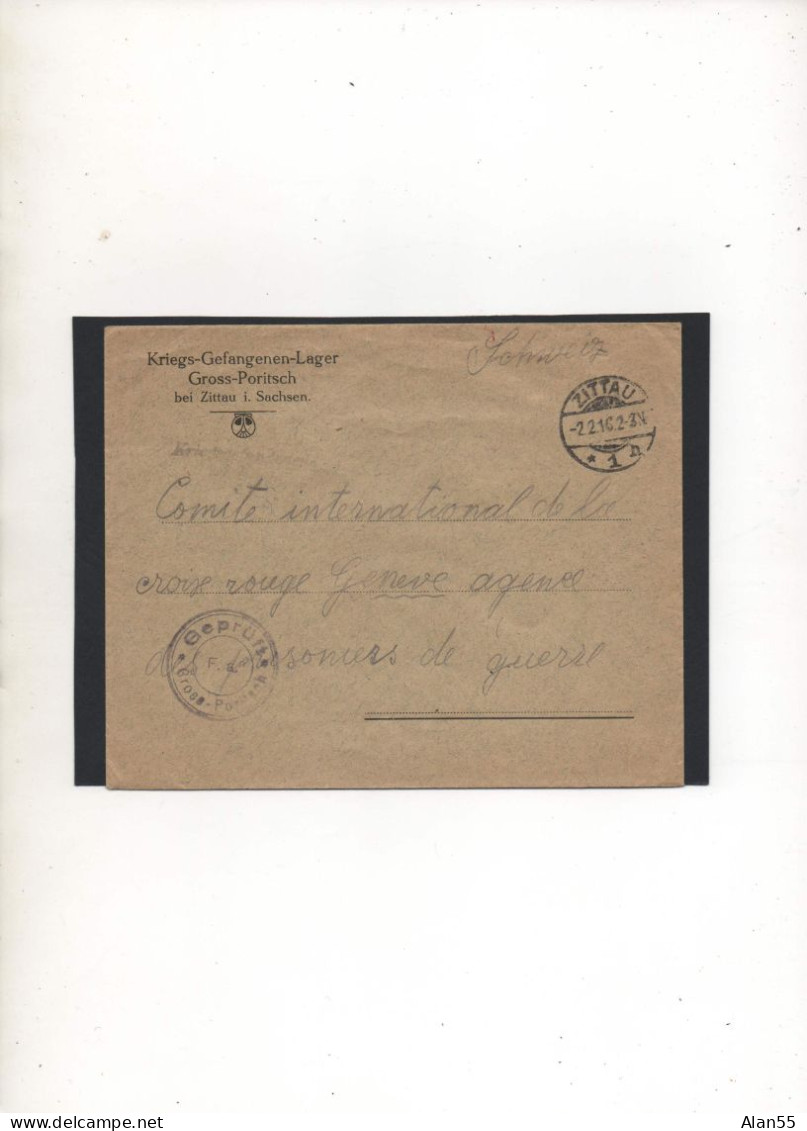 ALLEMAGNE,1916, KRIEG-GEFANGENEN-LAGER, ZITTAU, CENSURE, VIA CROIX-ROUGE SUISSE  - Prigionieri