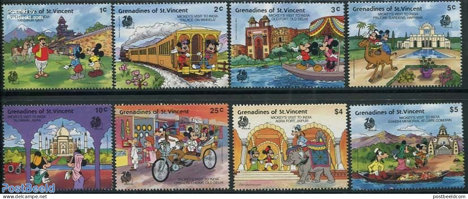 Saint Vincent & The Grenadines 1989 India 89, Disney 8v, Mint NH, Art - Disney - Disney