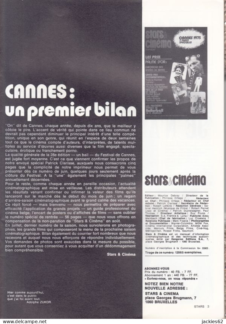 43/ STARS & CINEMA N° 6/1975, Voir Sommaire, Cannes 75, Ventura - Cinema