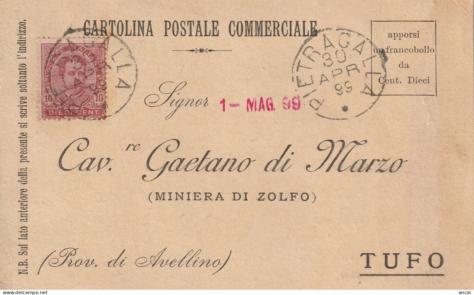 Italy. A212. Pietragalla.  1899. Annullo Grande Cerchio PIETRAGALLA, Su Cartolina Postale Commerciale - Poststempel