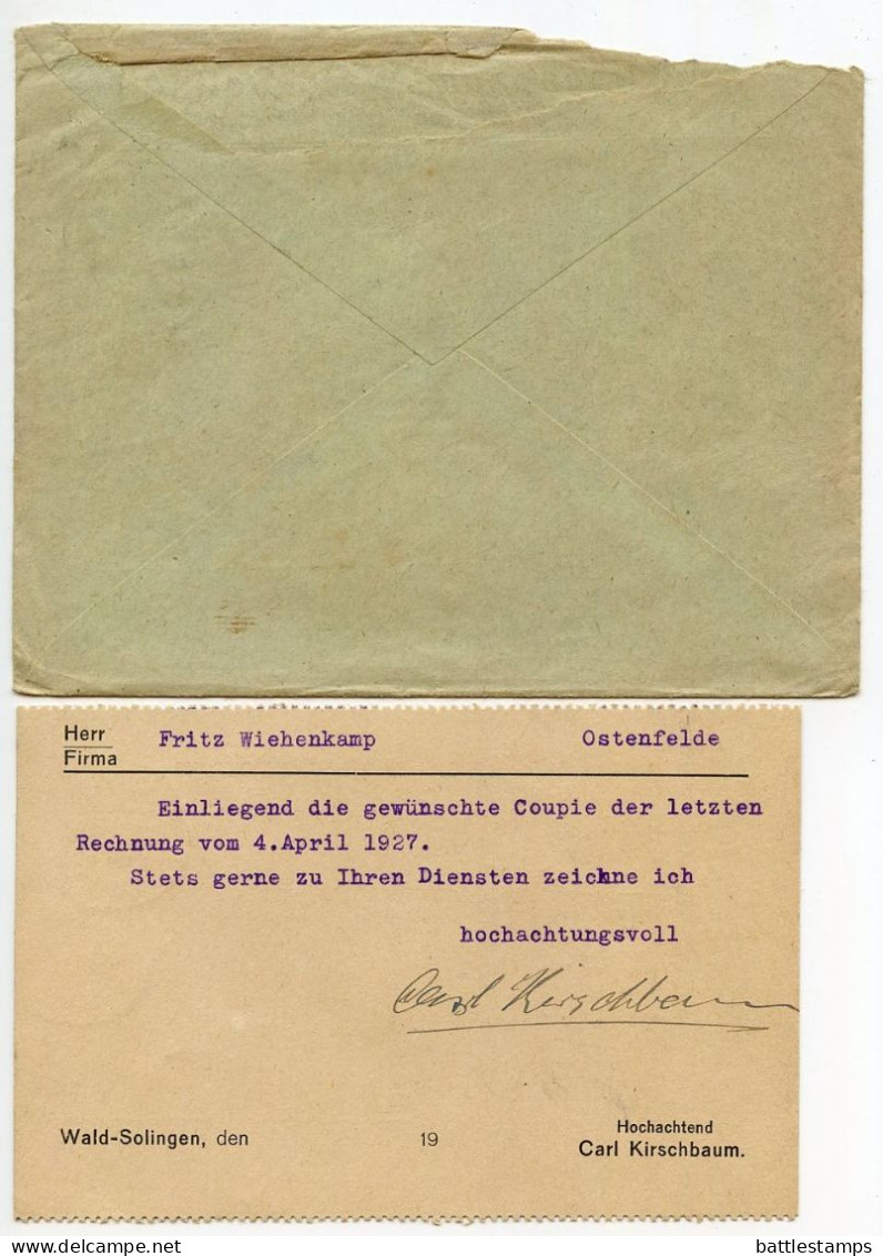 Germany 1927 Cover & Invoice; Wald (Rhineland) - Carl Kirschbaum, Metall- Und Stahlwaren-Fabrik; 5pf. Schiller, Pair - Brieven En Documenten