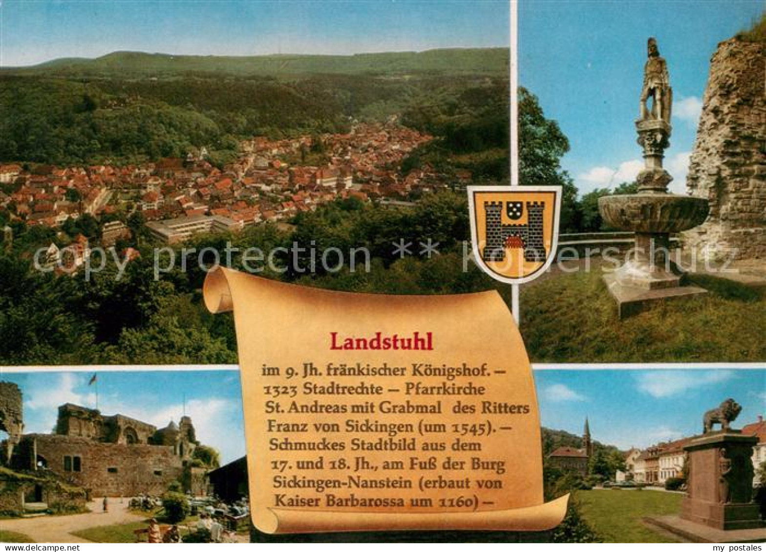 73214471 Landstuhl Stadtpanorama Burgruine Denkmal Loewenskulptur Chronik Wappen - Landstuhl