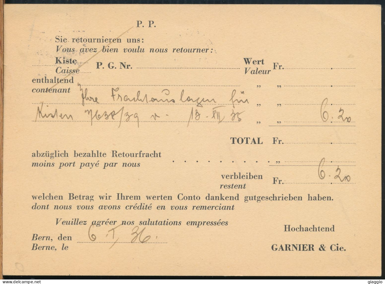 °°° 30917 - SWITZERLAND - BE - BERN - LIQUEURHANDLUNG GARNIER & C. - 1936 °°° - Bern