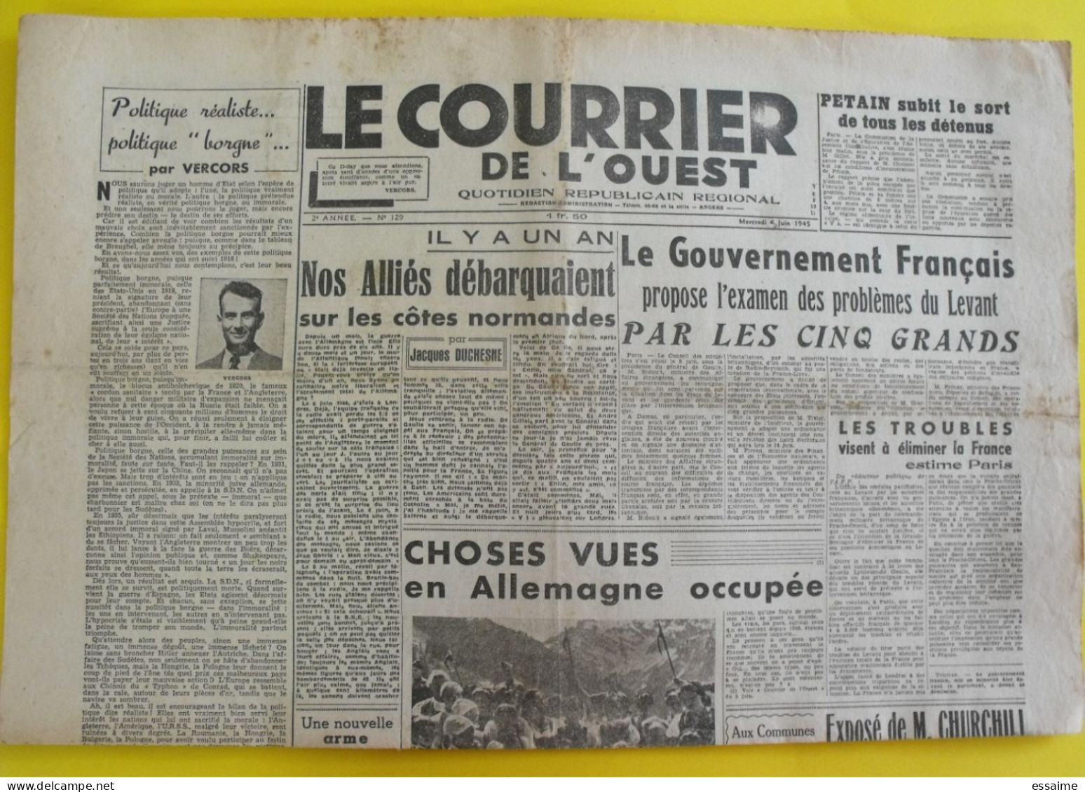 Journal Le Courrier De L'Ouest N° 129 Du 6 Juin 1945. Levant Syrie Pétain épuration Vercors Rapatriés Gouin - Weltkrieg 1939-45