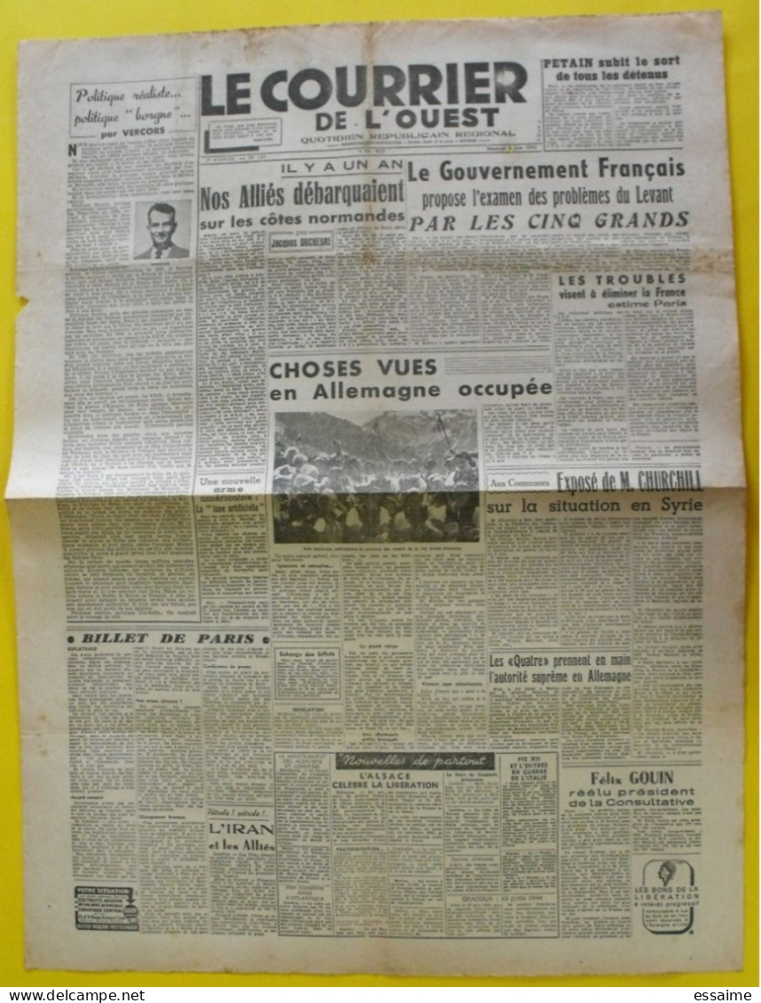 Journal Le Courrier De L'Ouest N° 129 Du 6 Juin 1945. Levant Syrie Pétain épuration Vercors Rapatriés Gouin - Weltkrieg 1939-45