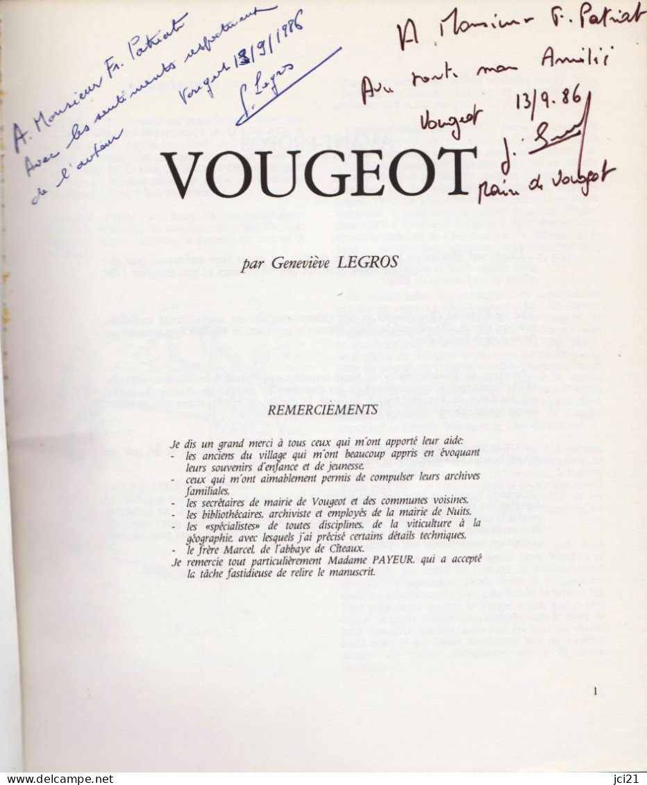 Opuscule De 63 Pages Dédicacé Sur " VOUGEOT " Par Geneviève Legros _RL207a -c - Other & Unclassified