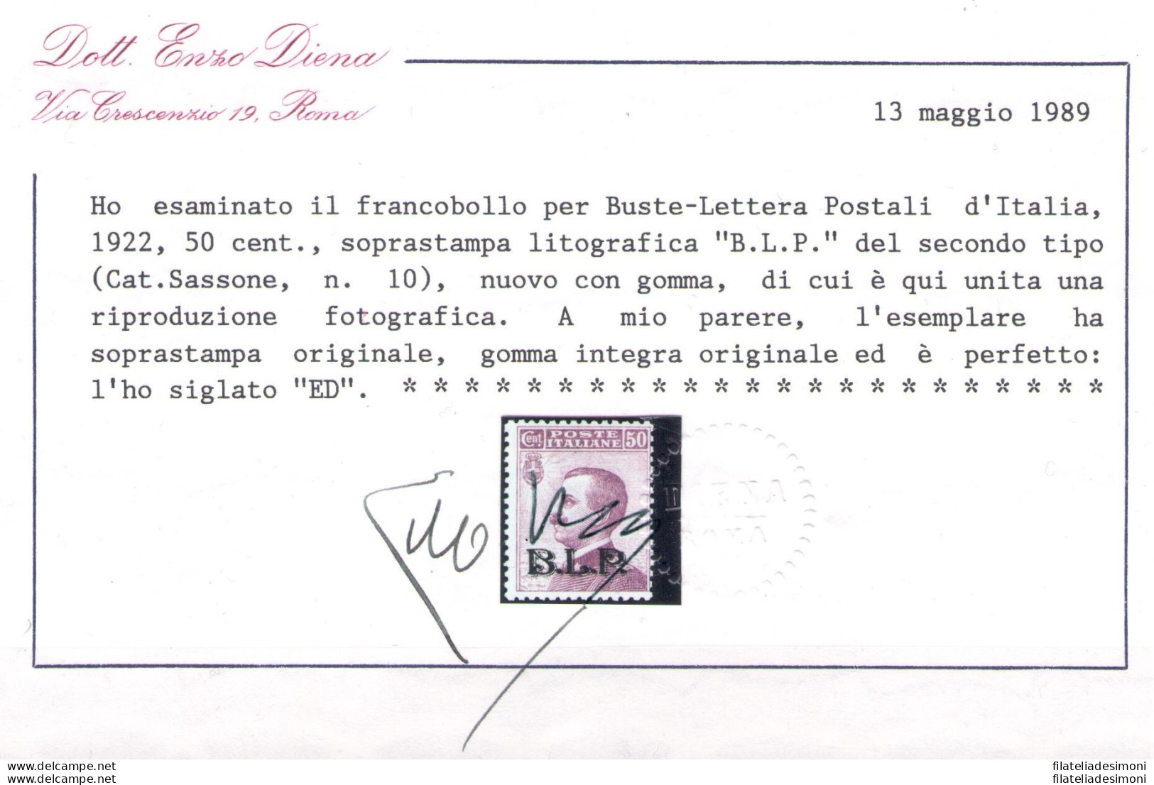 1922-23 Regno Di Italia, BLP N° 10, 50 Cent. Violetto , Soprastampa II° TIPO , Buona Centratura , MNH** - Certificato - Zegels Voor Reclameomslagen (BLP)