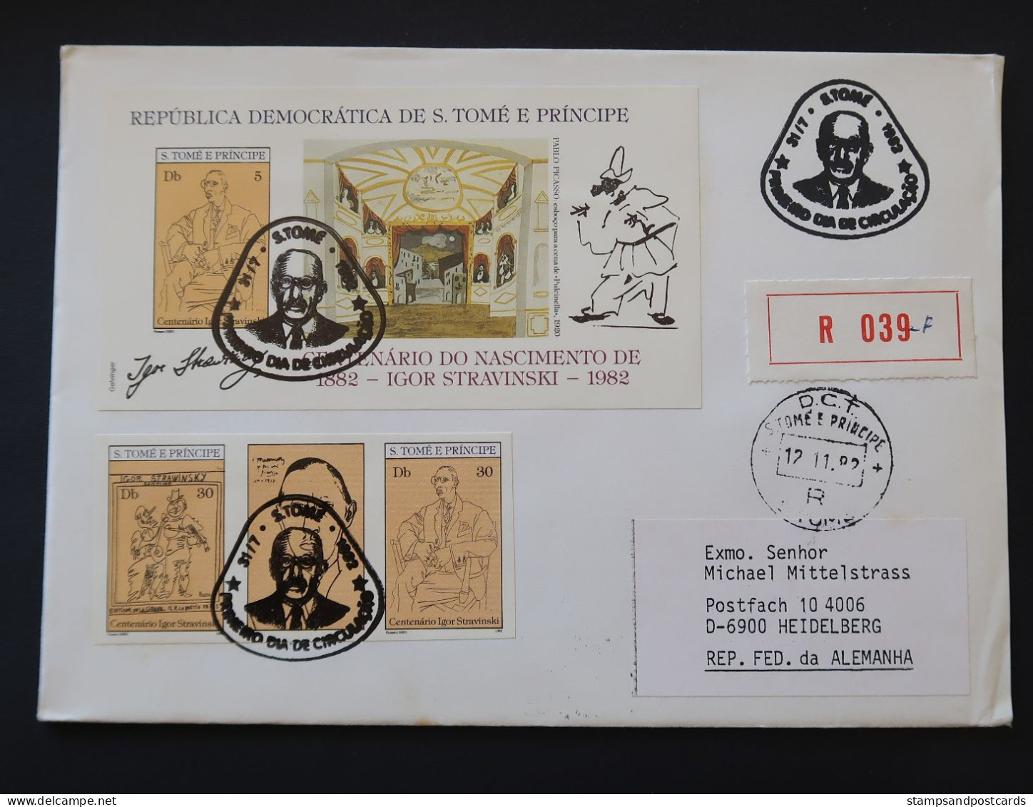 Sao Tome Et Principe FDC Recommandé 1982 Igor Stravinski Musique Music Ballet Picasso ND IMPERF St Thomas & Prince R FDC - Picasso