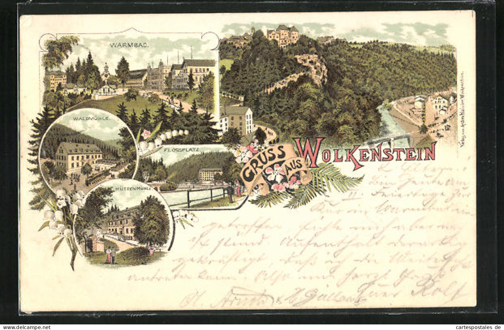 Vorläufer-Lithographie Wolkenstein, 1895, Gasthaus Waldmühle, Hüttenmühle, Warmbad  - Wolkenstein