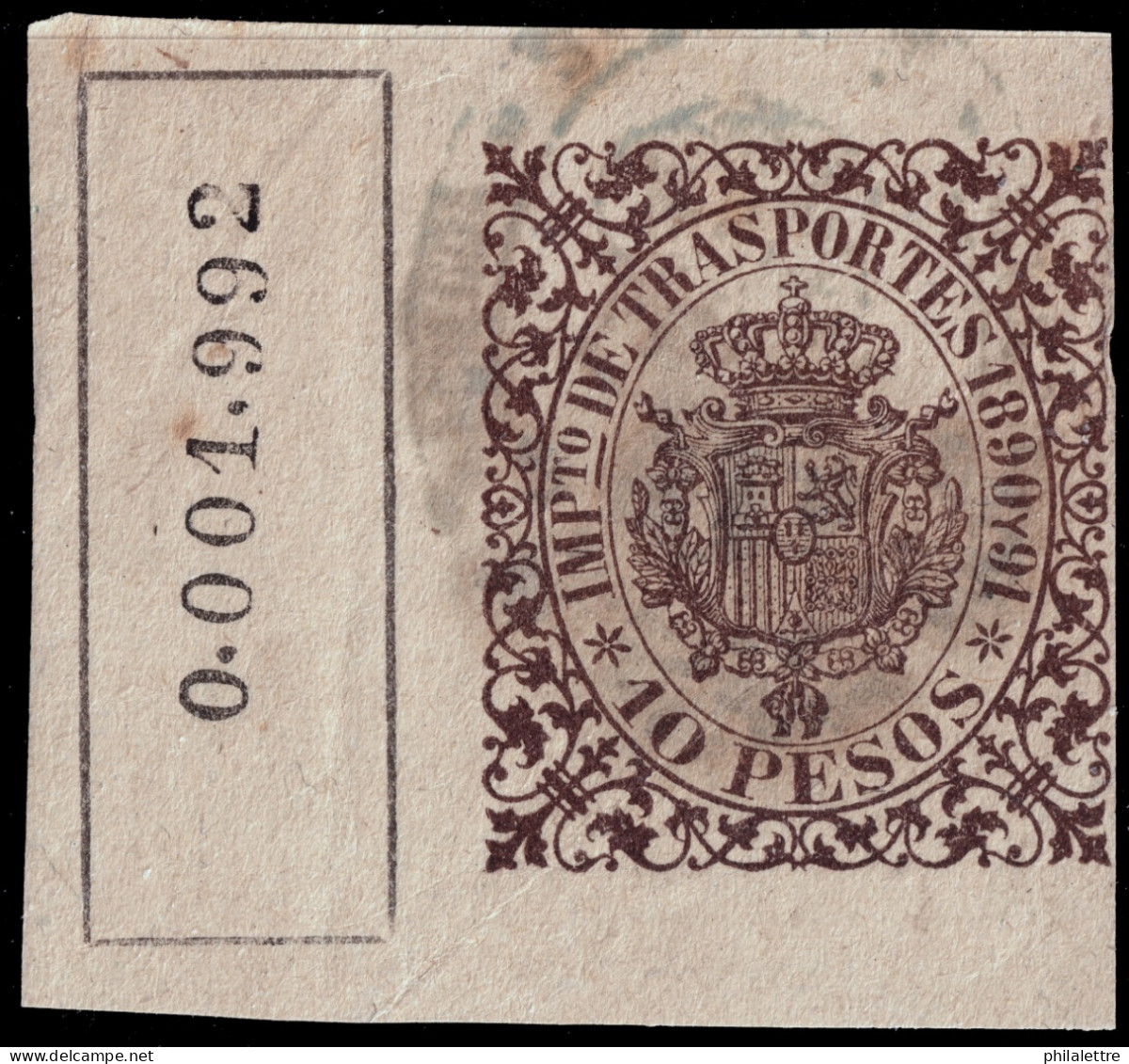 ESPAGNE / ESPANA - COLONIAS (Cuba) 1890/91 "IMPto De TRASPORTES" Fulcher 1362 10P Marron Oscuro - Usado (0.001.992) - Kuba (1874-1898)