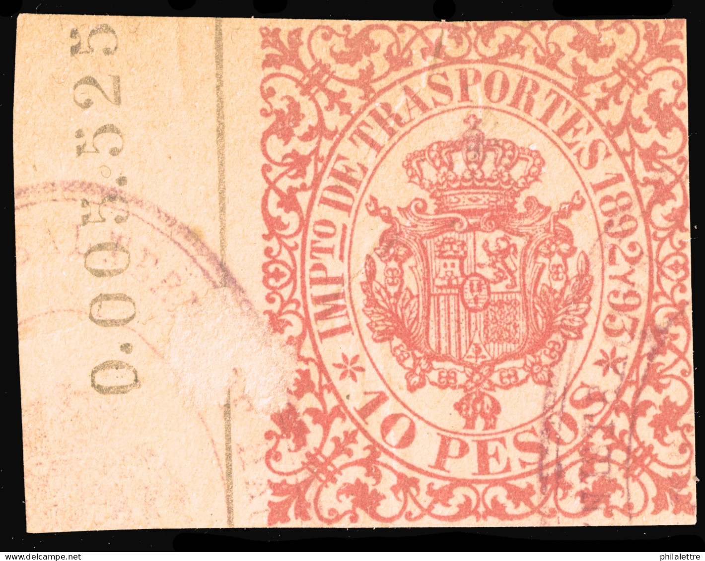 ESPAGNE / ESPANA - COLONIAS (Cuba) 1892/93 "IMPto De TRASPORTES" Fulcher 1369 10P Carmino - Usado (0.005.525) - Kuba (1874-1898)