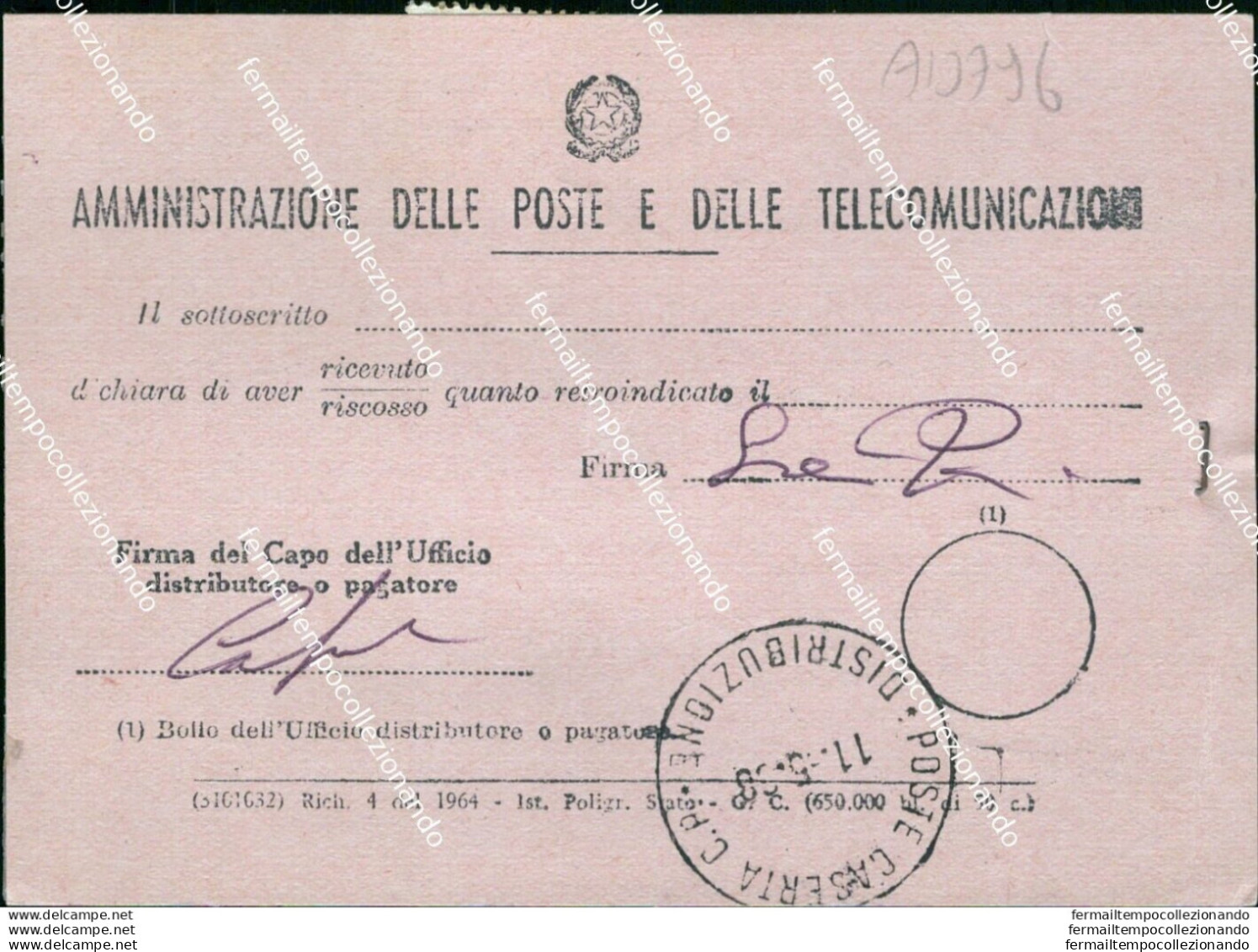 Ad796  Isolato Su Avviso Di Ricevimento Repubblica 1968 Da Roma Per Marcianise - Autres & Non Classés