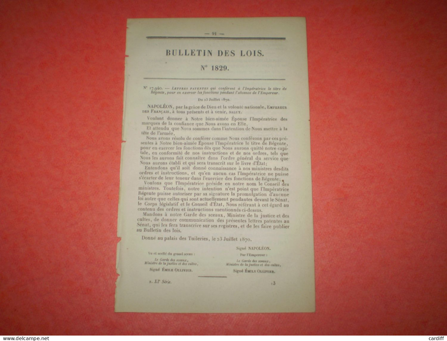 Bulletin Des Lois: Napoléon Nomme Régente L'impératrice Eugénie Car Il Part En Guerre Contre La Prusse. Etat De Siège Mo - Wetten & Decreten