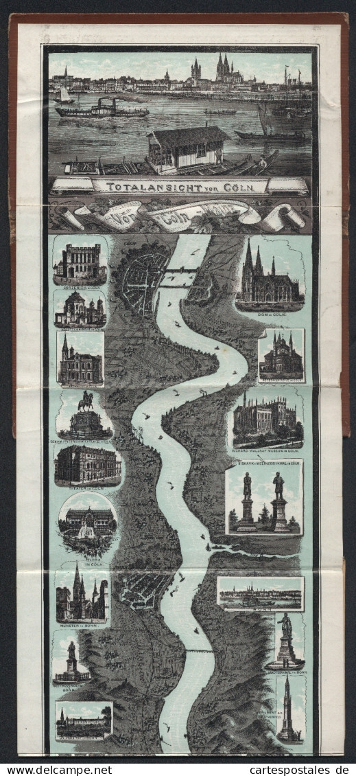 Leporello-Album 18 Lithographie-Ansicht Rhein-Panorama Von Mainz Bis Cöln, Dom Mainz Und Cöln, Denkmal, Rhein Verlauf  - Lithographies