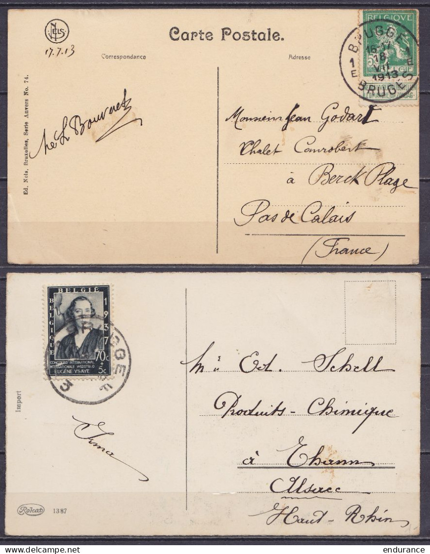 Lot De 2 CP Affr. N°110 Càd BRUGGE /18 VII 1913 & Affr. N°456 Càd BRUGGE /12-?-1937 - Lettres & Documents