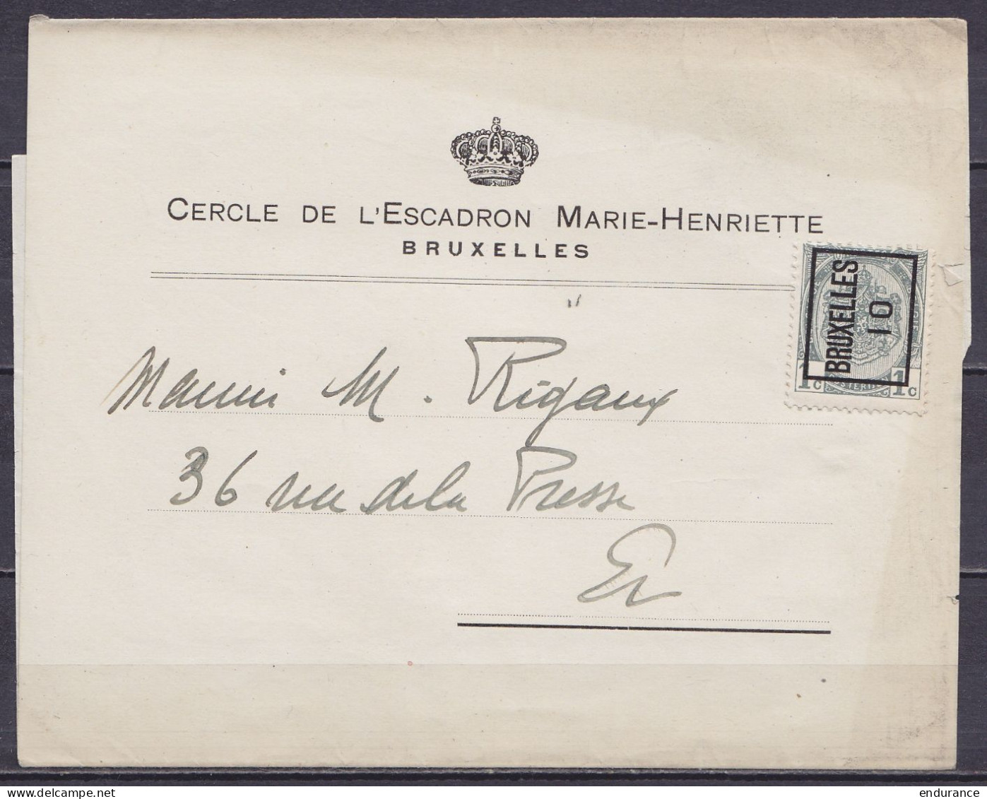 Bande D'imprimé "Cercle De L'Escadron Marie-Henriette Affr. PREO 1c Gris [BRUXELLES / 10] Pour E/V - Typo Precancels 1906-12 (Coat Of Arms)